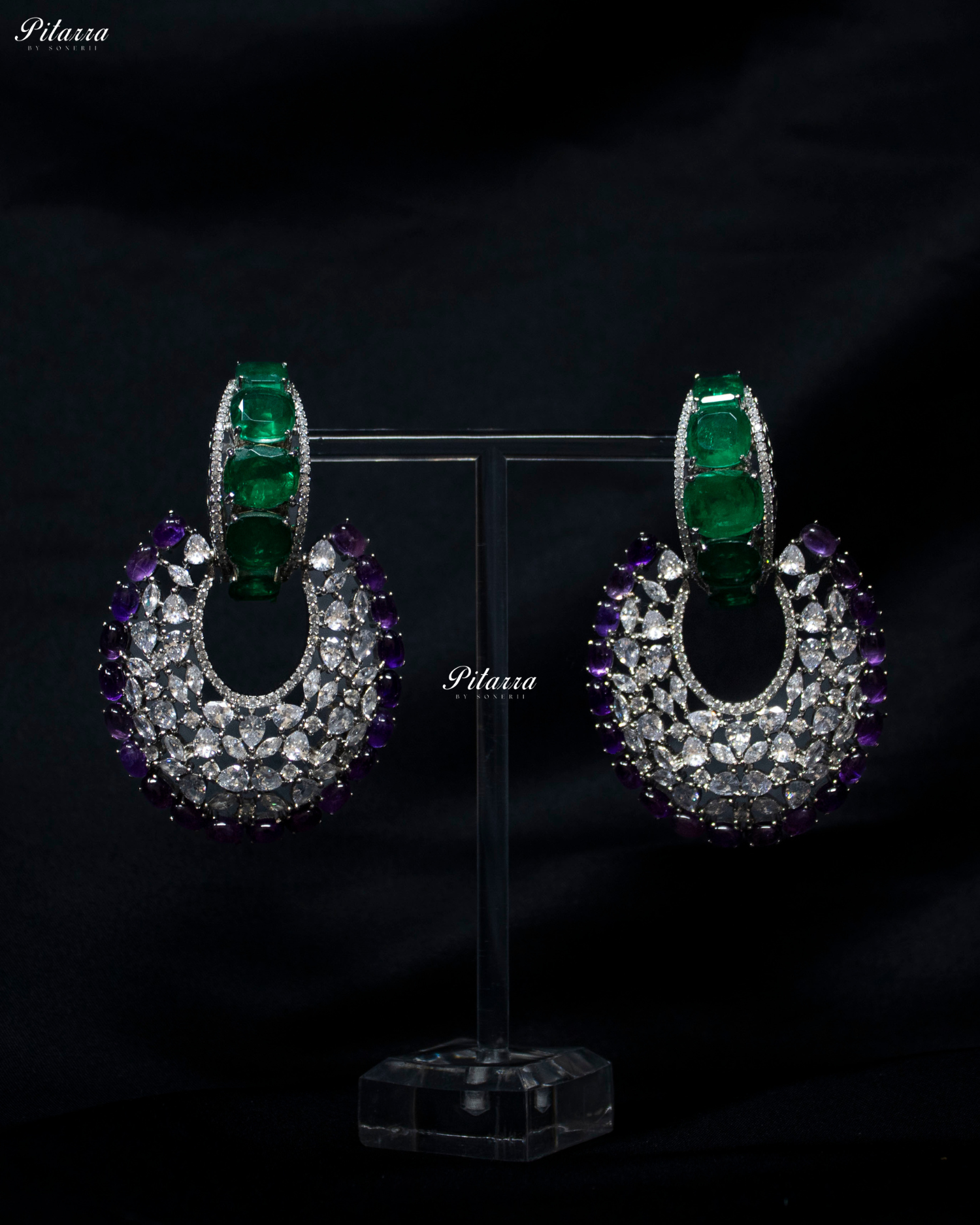 Emerald Stone Purple Layer Cubic Zirconia Dangler Earrings