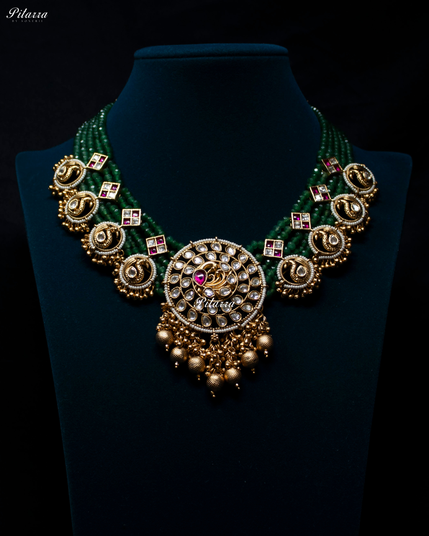 Bird Motif Pendant Emerald Beads Kundan Necklace Set
