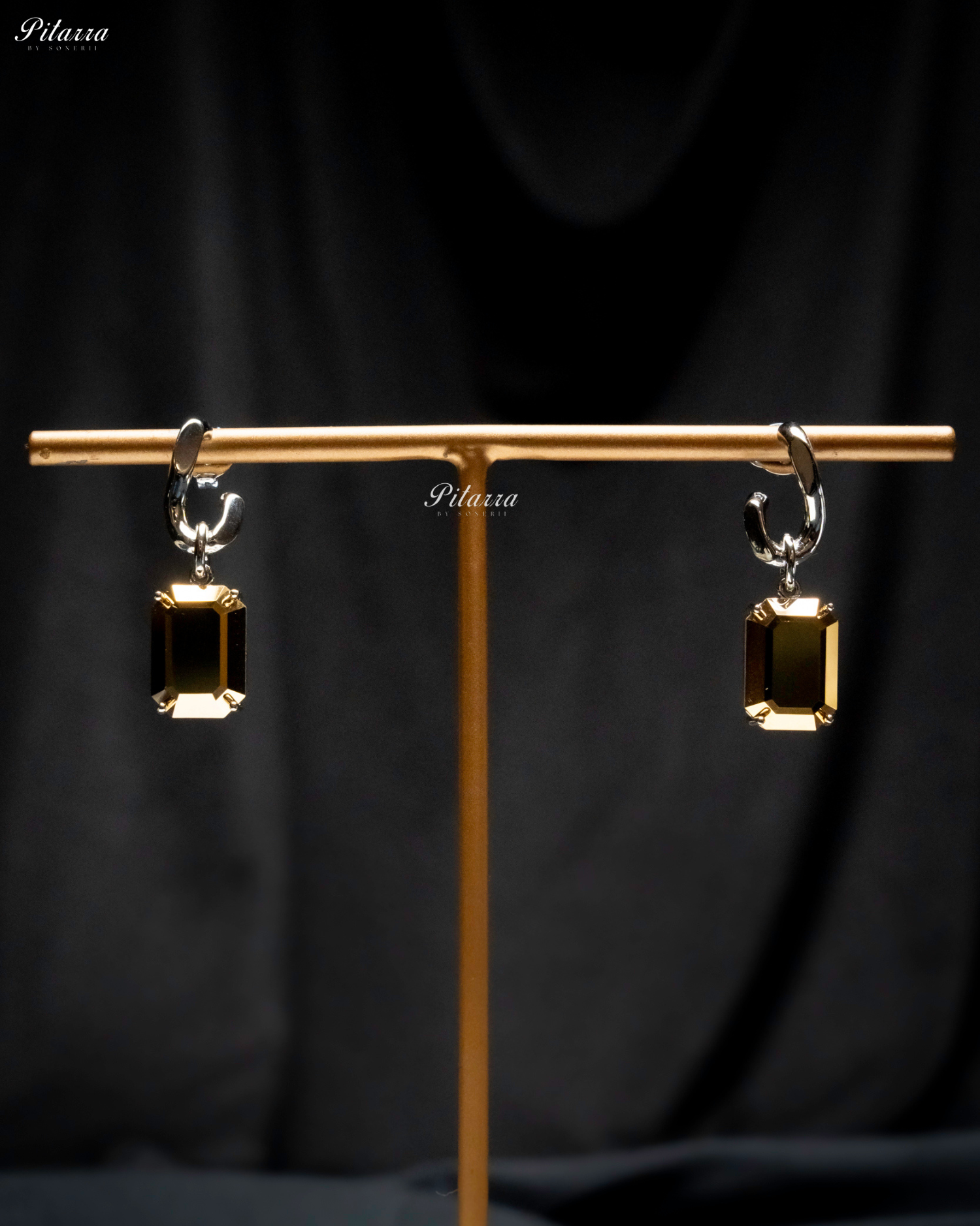Gold color Stone Rectangular Zircon Silver Crystal Earrings