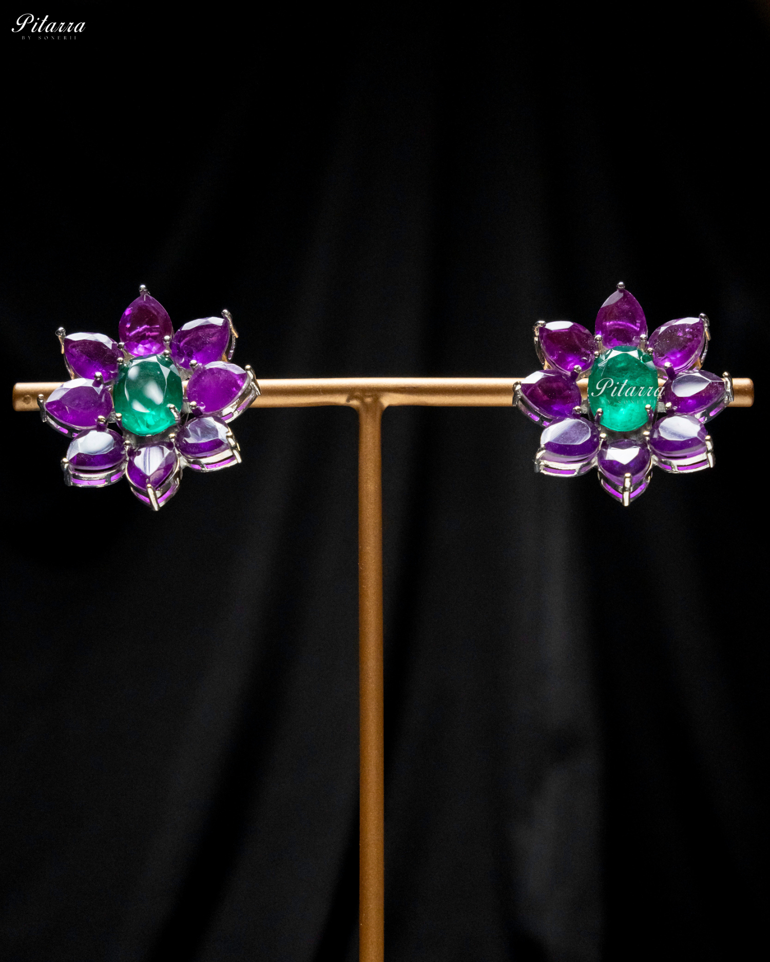 Green Floral Purple Petals CZ Doublet Stud Earrings