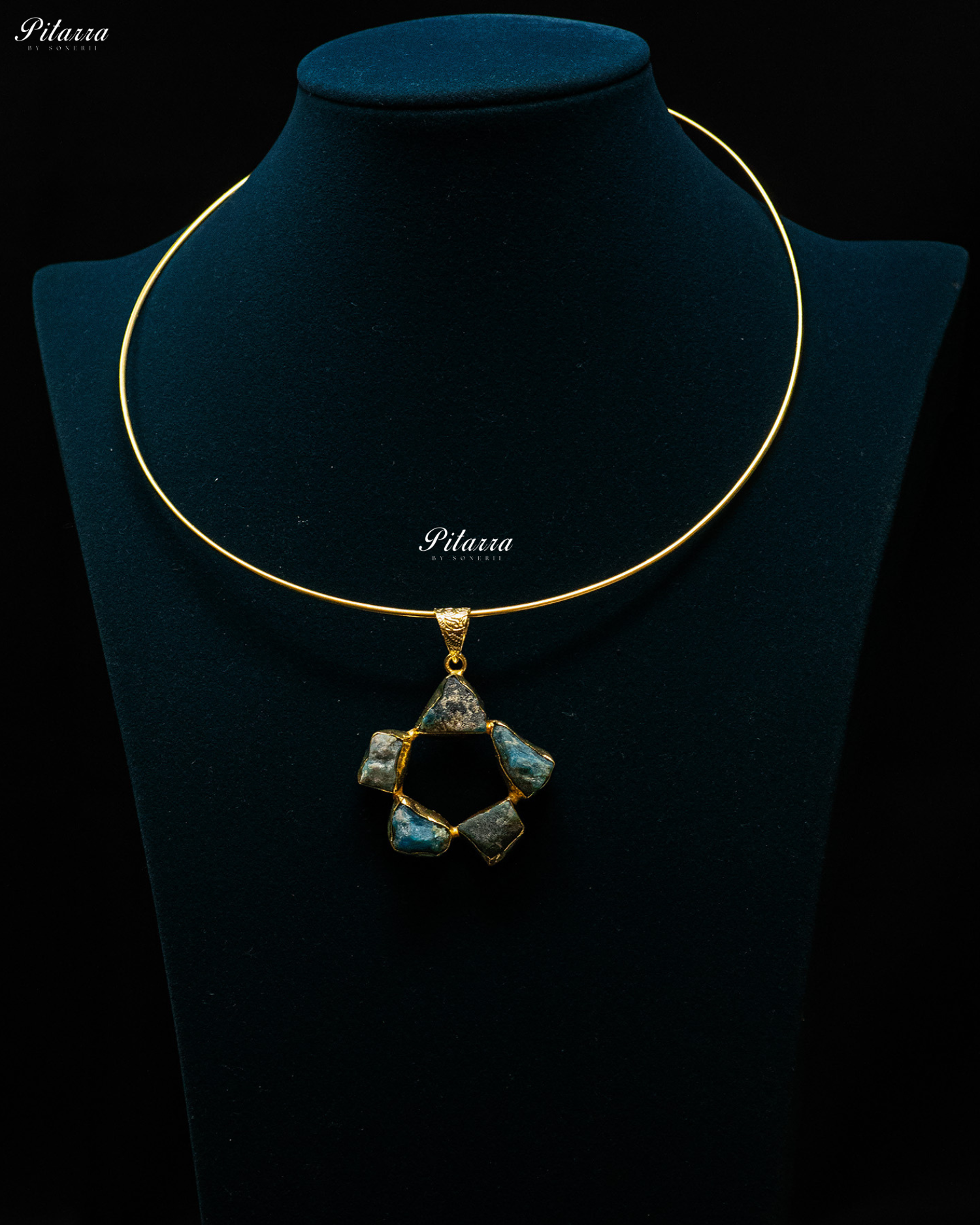 Five Circular Blue Raw Stone Gold Plated Collar Pendant