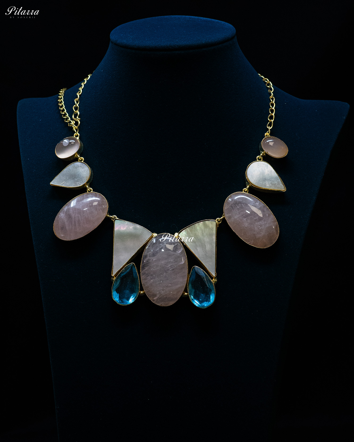 Peach and Blue Drop Sculptural Stone Statement Necklace Set