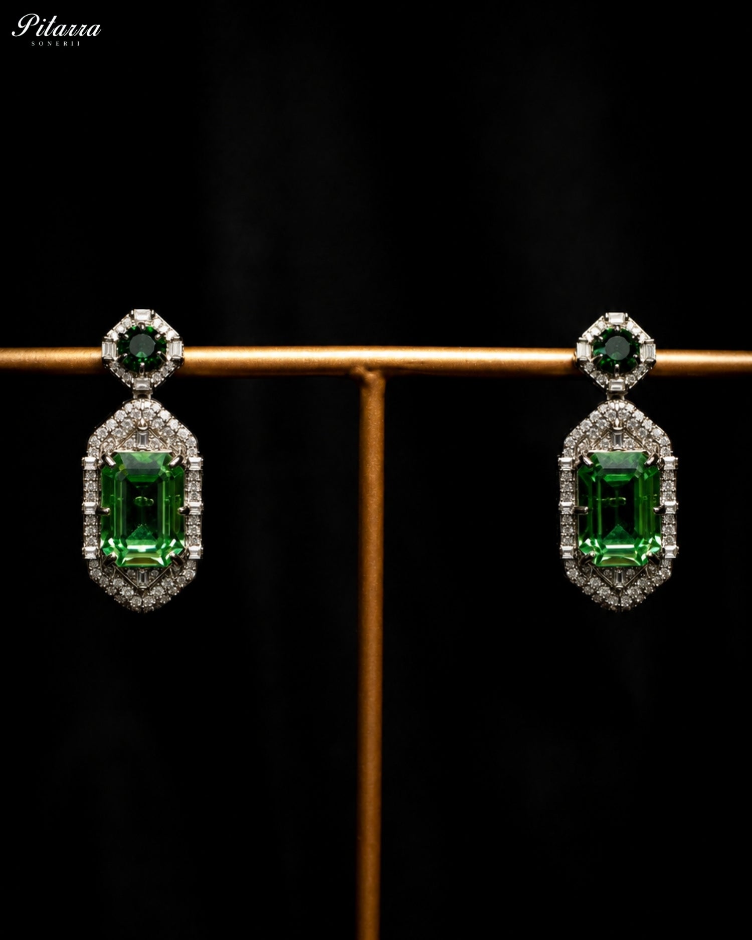 Green Tourmaline Emerald Cut Diamond Halo Drop Earrings