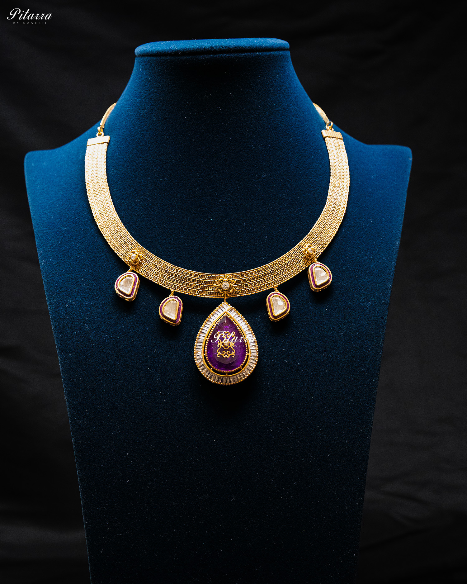 Big Purple Teardrop Gold Plated Kundan Necklace Set