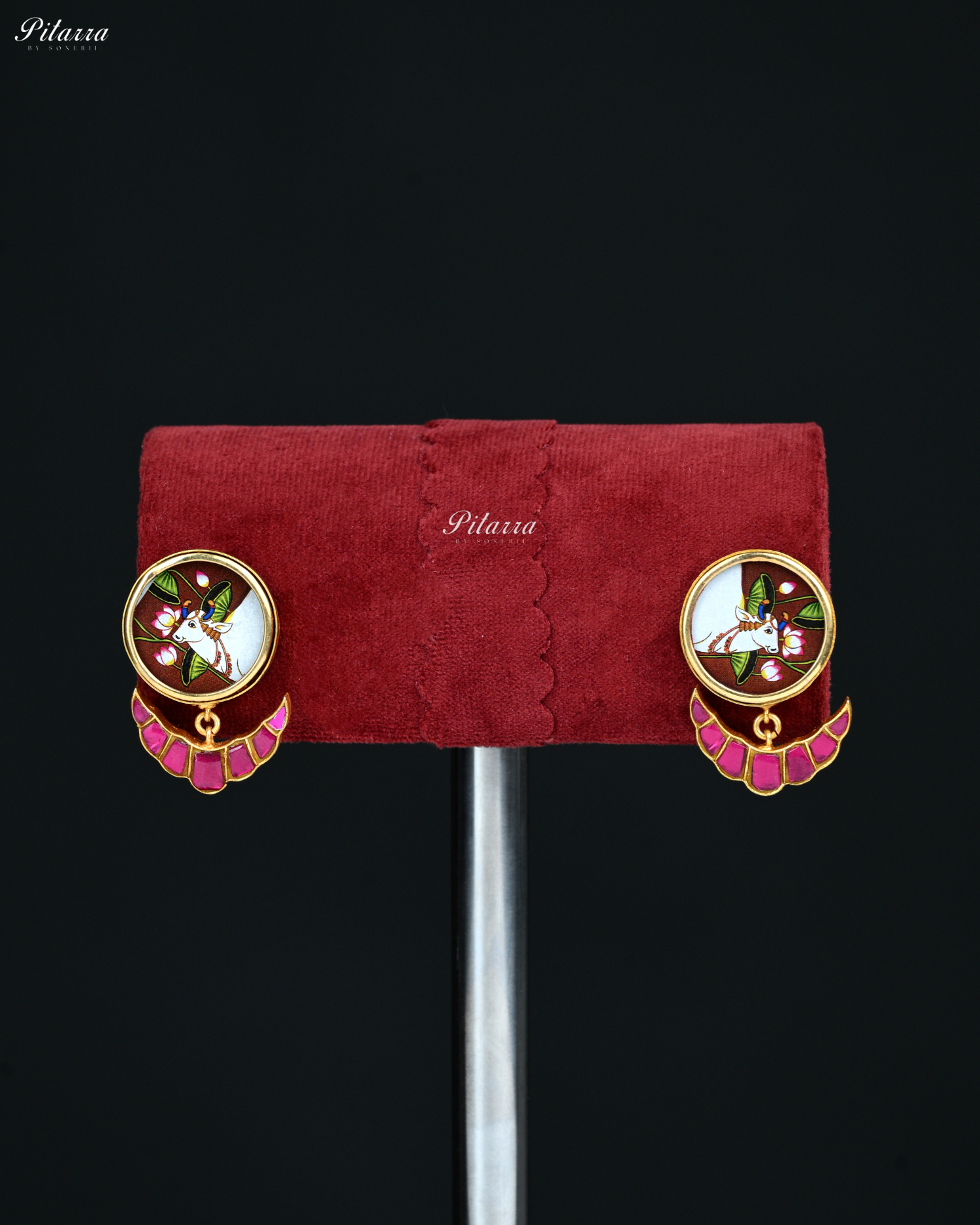 Handprinted Pink Color Meenakari Stud Earrings