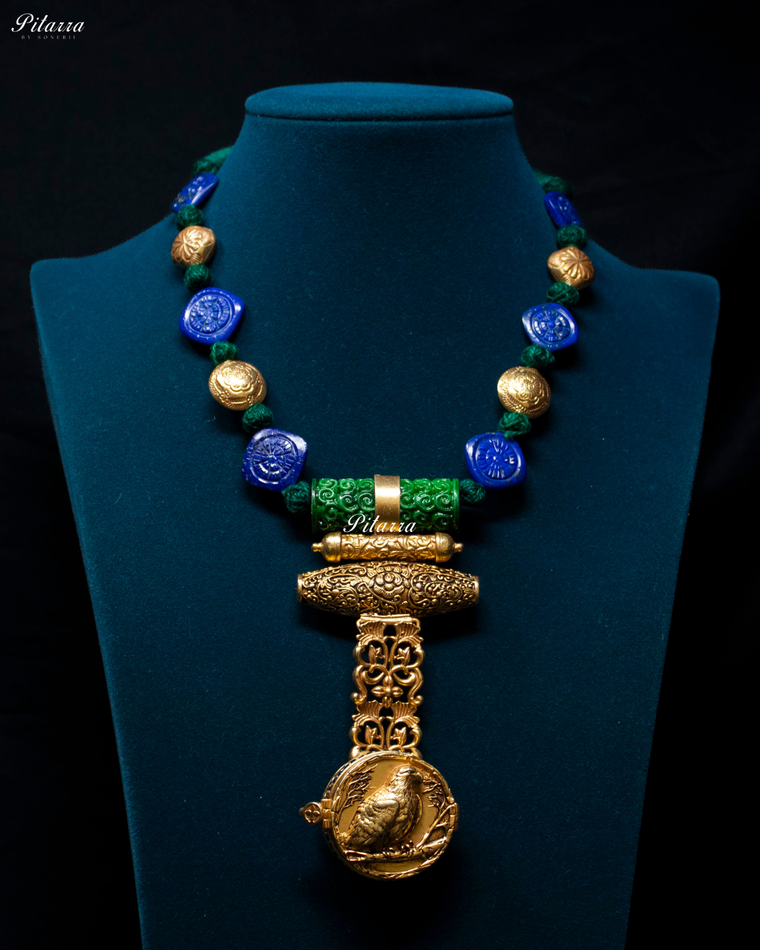Gold and Green Beaded Detail 92.5 Sliver Necklace