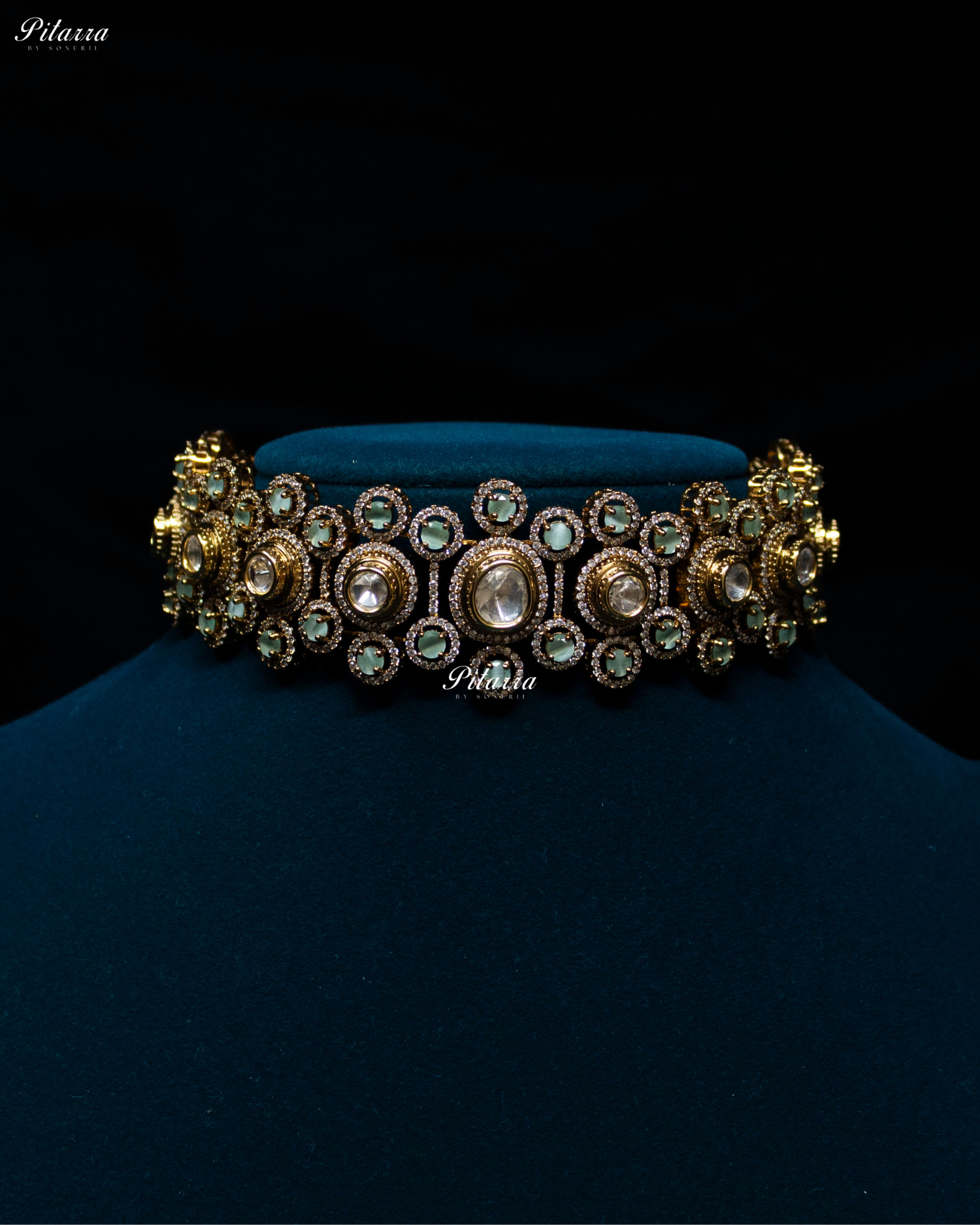 Mint Stone Gold Finish Moissanite Kundan Choker Set