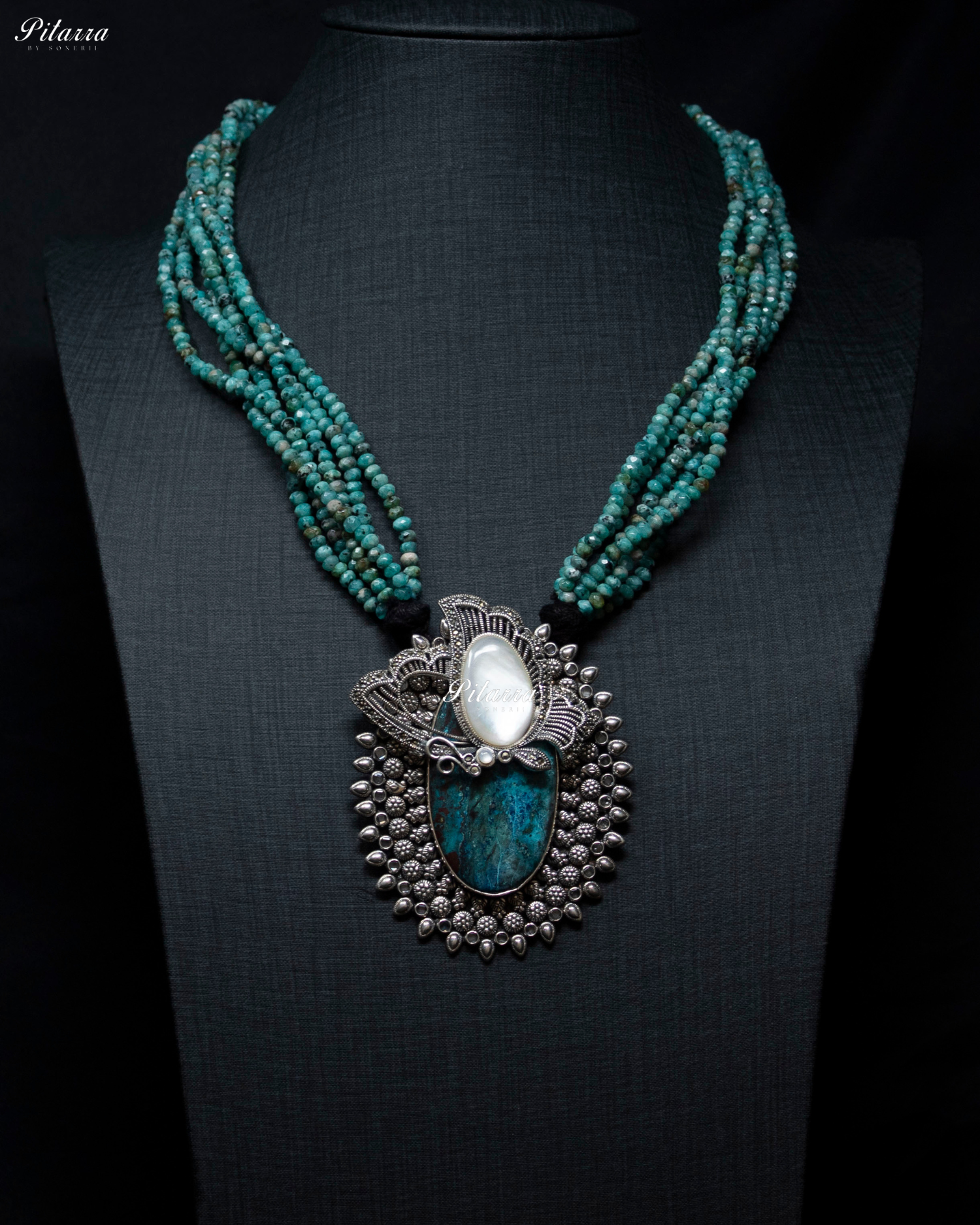 Big Turquoise Stone Blue Beads 92.5 Silver Necklace