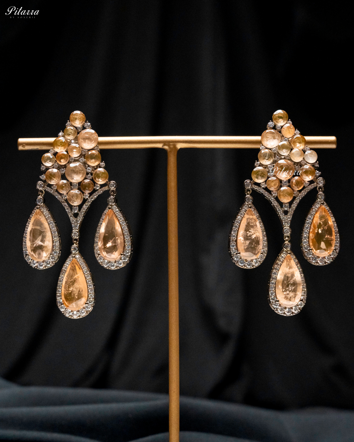 Peach Stone Three Teardrop CZ Doublet Dangler Earrings