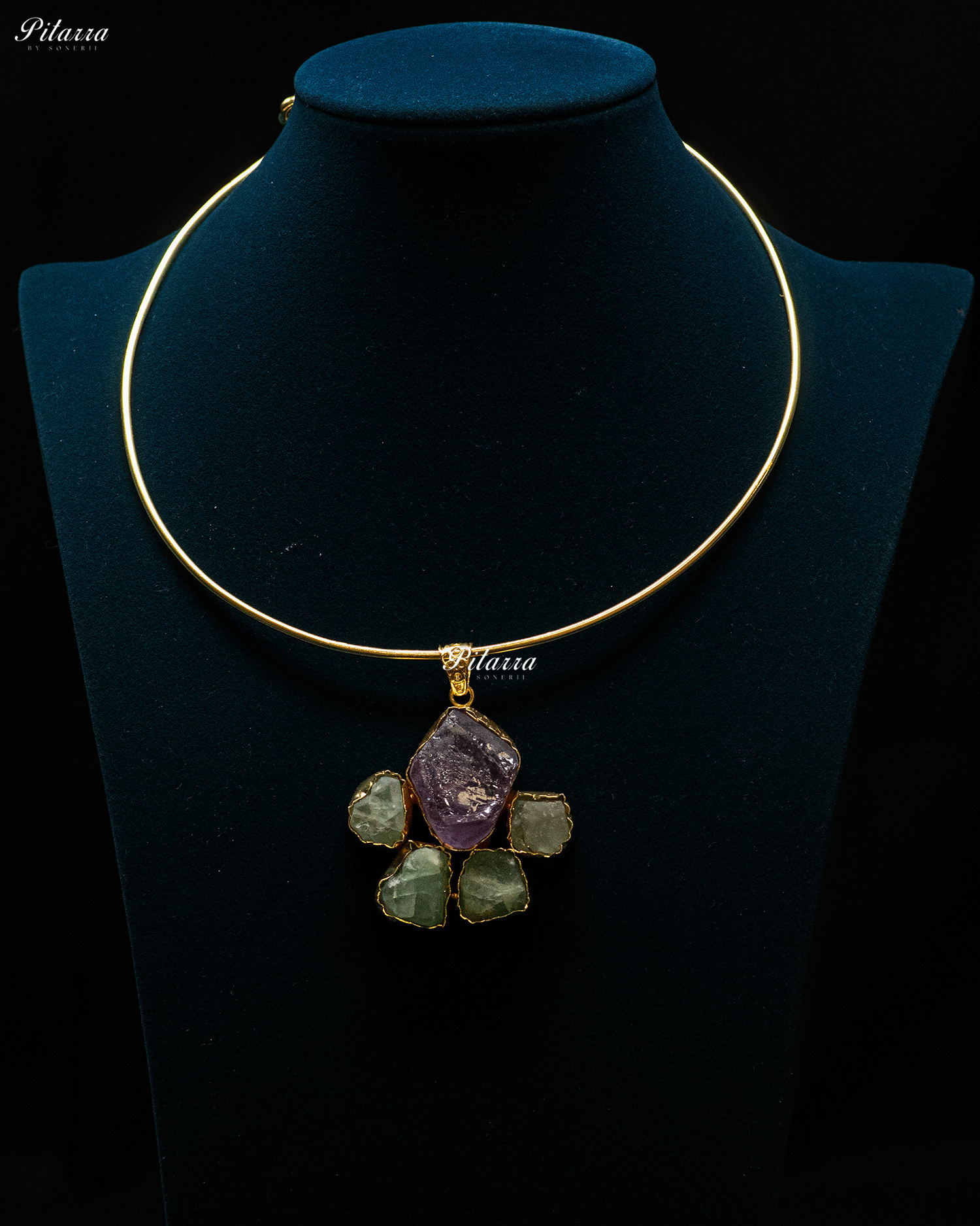 Gold Plated Purple Raw Stone Collar Pendant Set