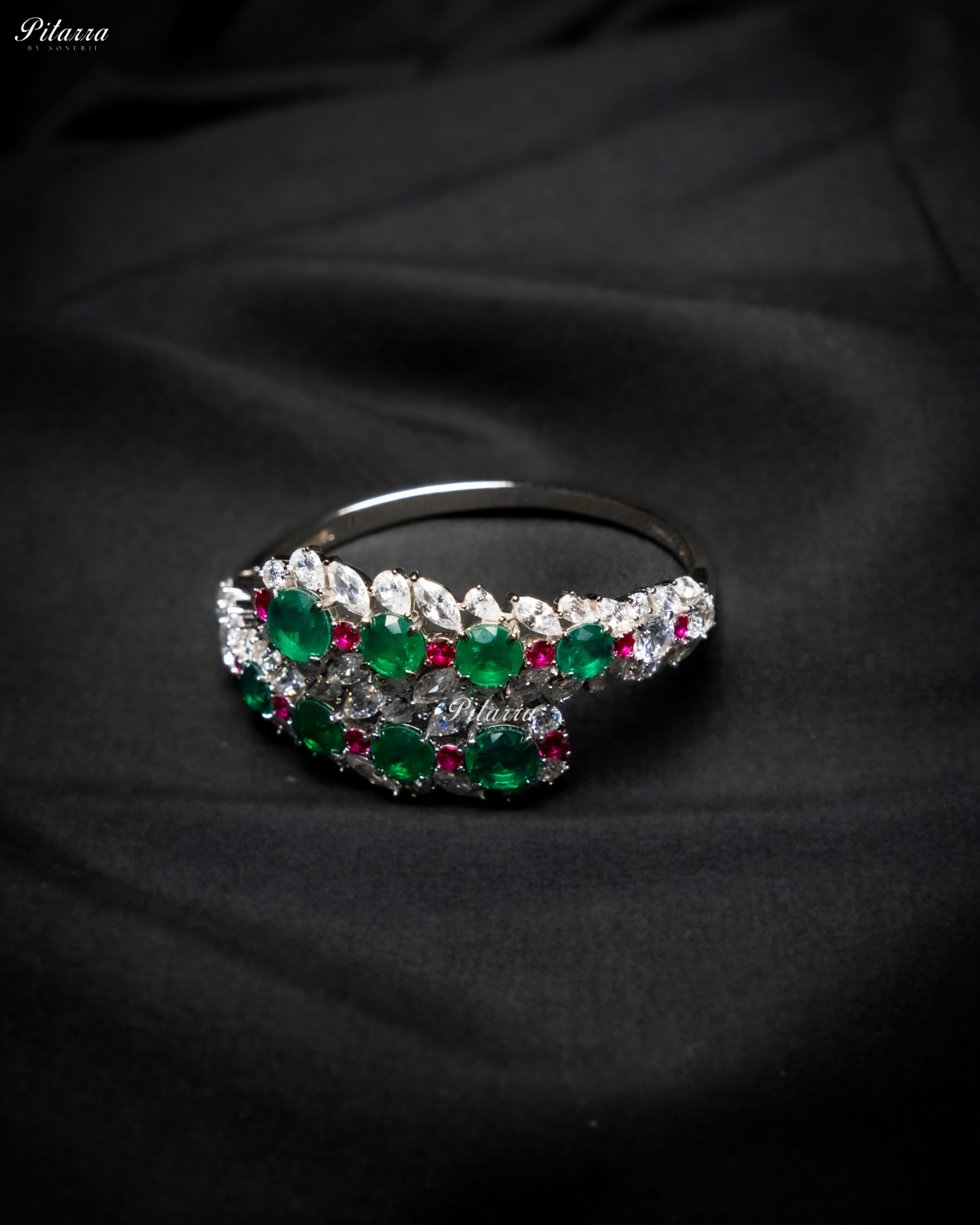 Emerald Stone Floral Zircon 92.5 Silver Bracelet