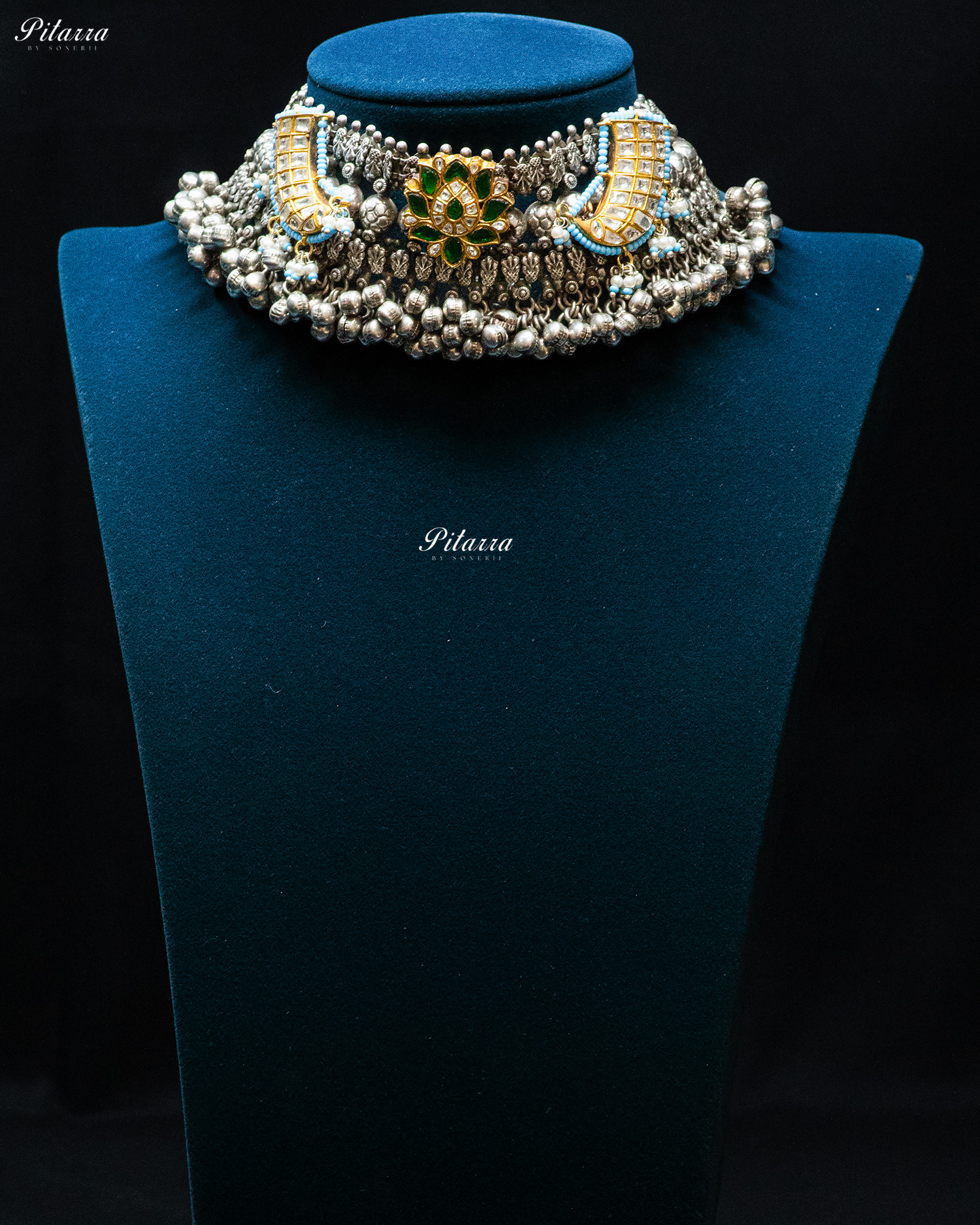 Green Flora White Sword Ghunghroo Silver Look Alike Choker Set