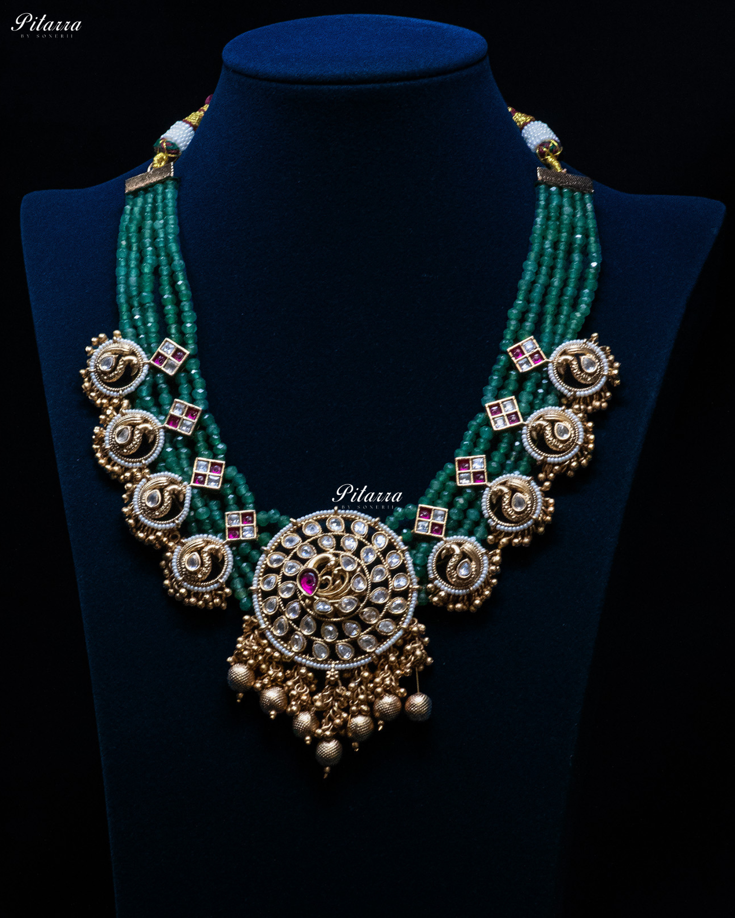 Bird Motif Pendant Green Beads Kundan Necklace Set