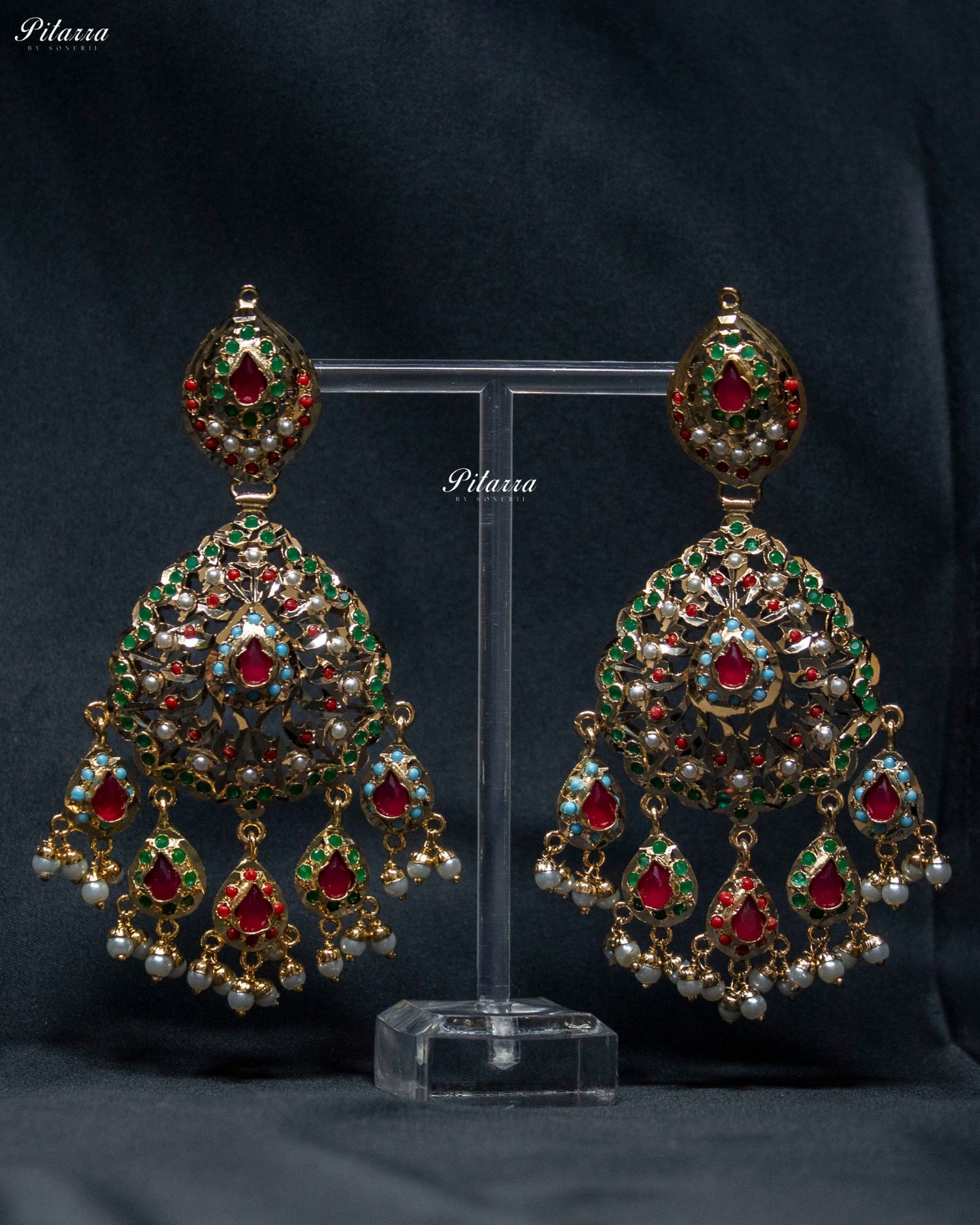 Multicolored Studed Red Stone Handcrafted Chandbali Earrings