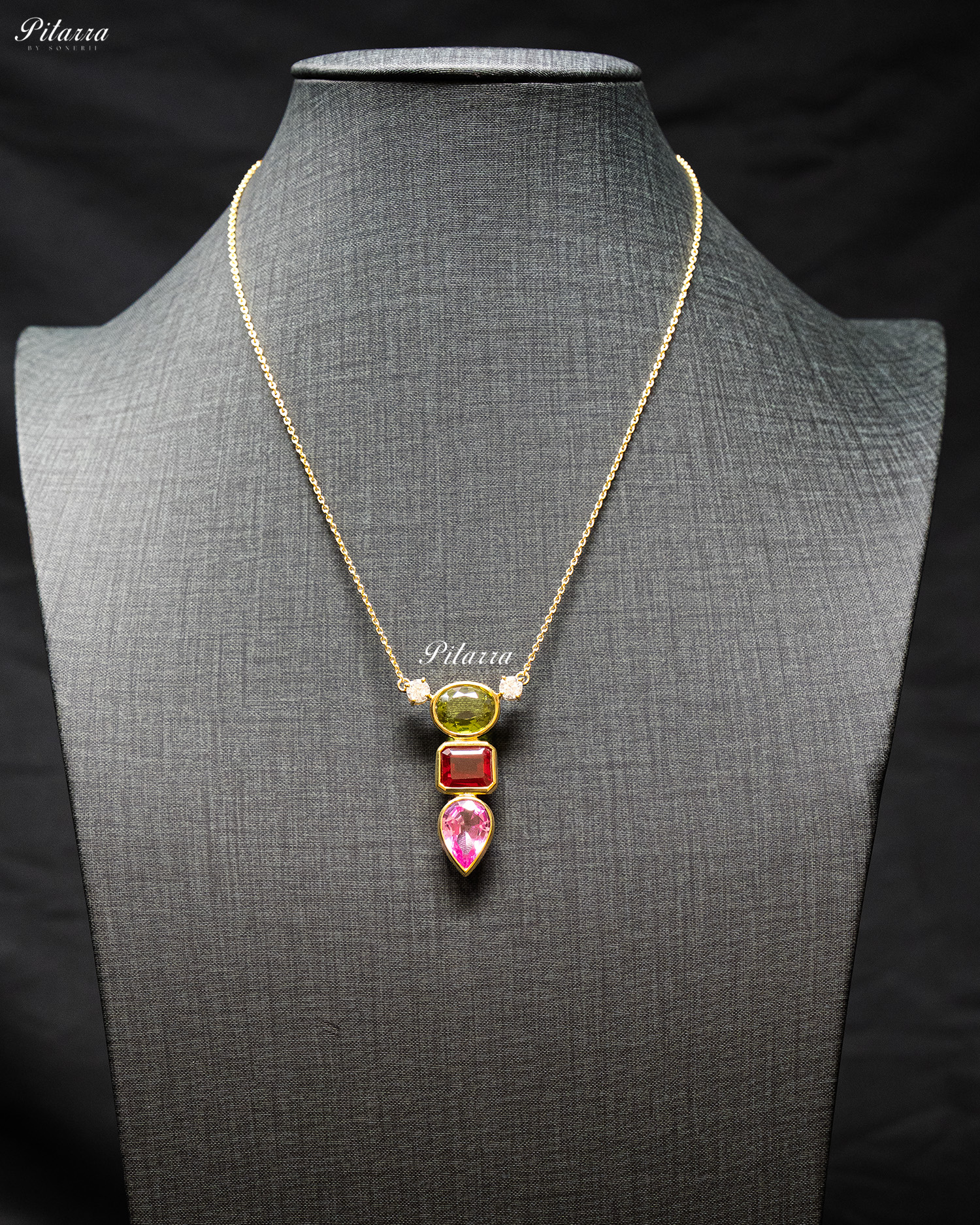 Gold Chain Round Green Top Stone Pink Drop Pendent Set