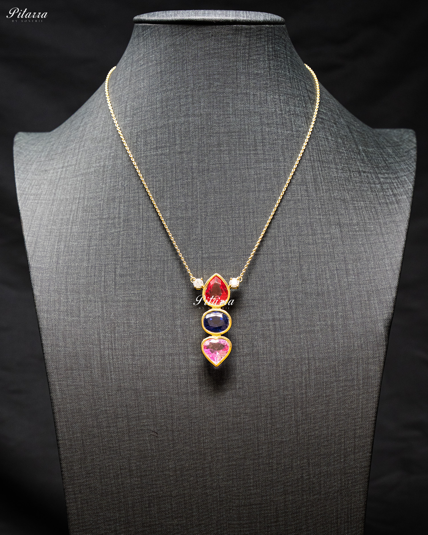 Gold Chain Drop Red Top Stone Pink Heart Pendent Set