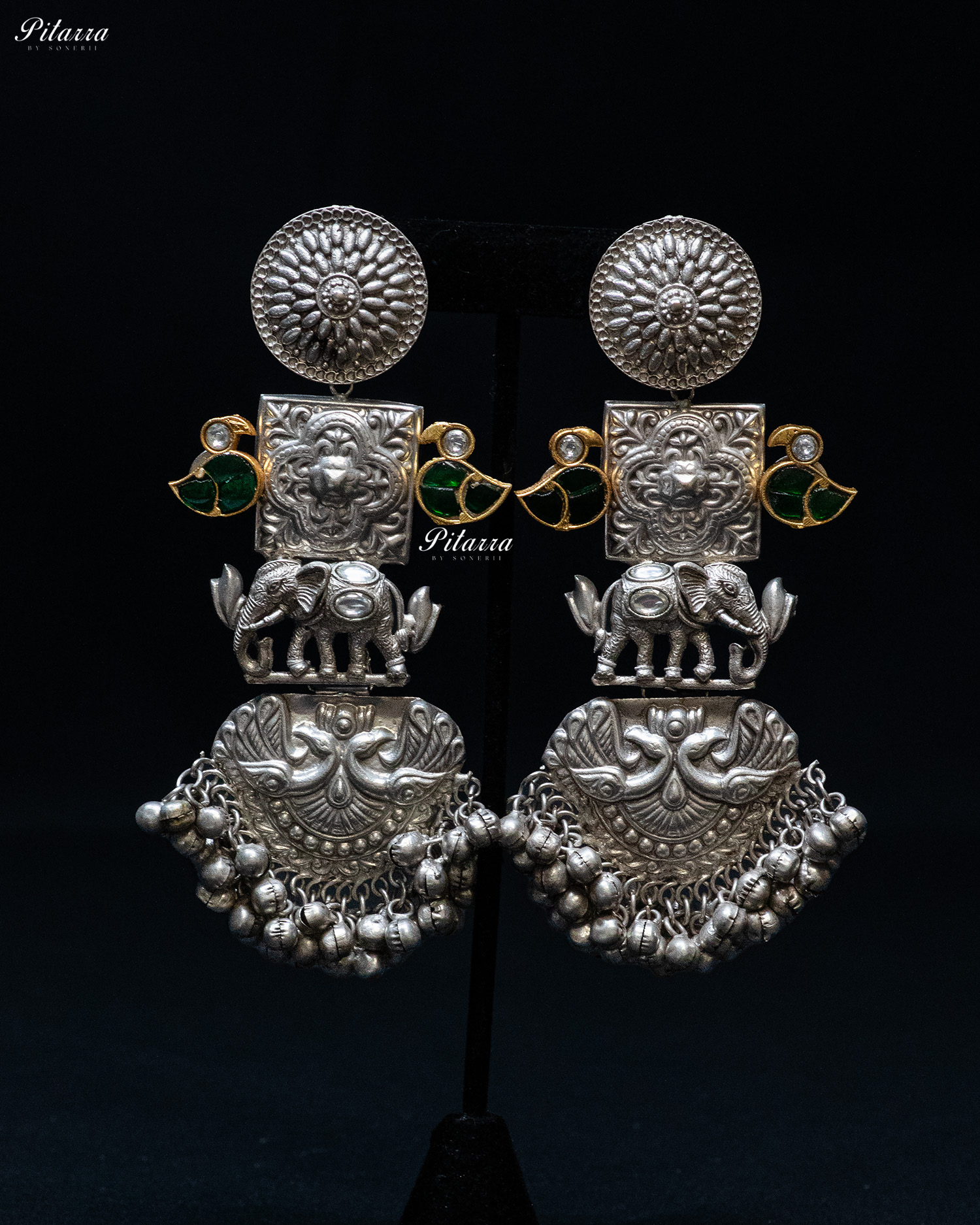 Green Leaf Elephant Motif Silver Look Alike Dangle Earrings