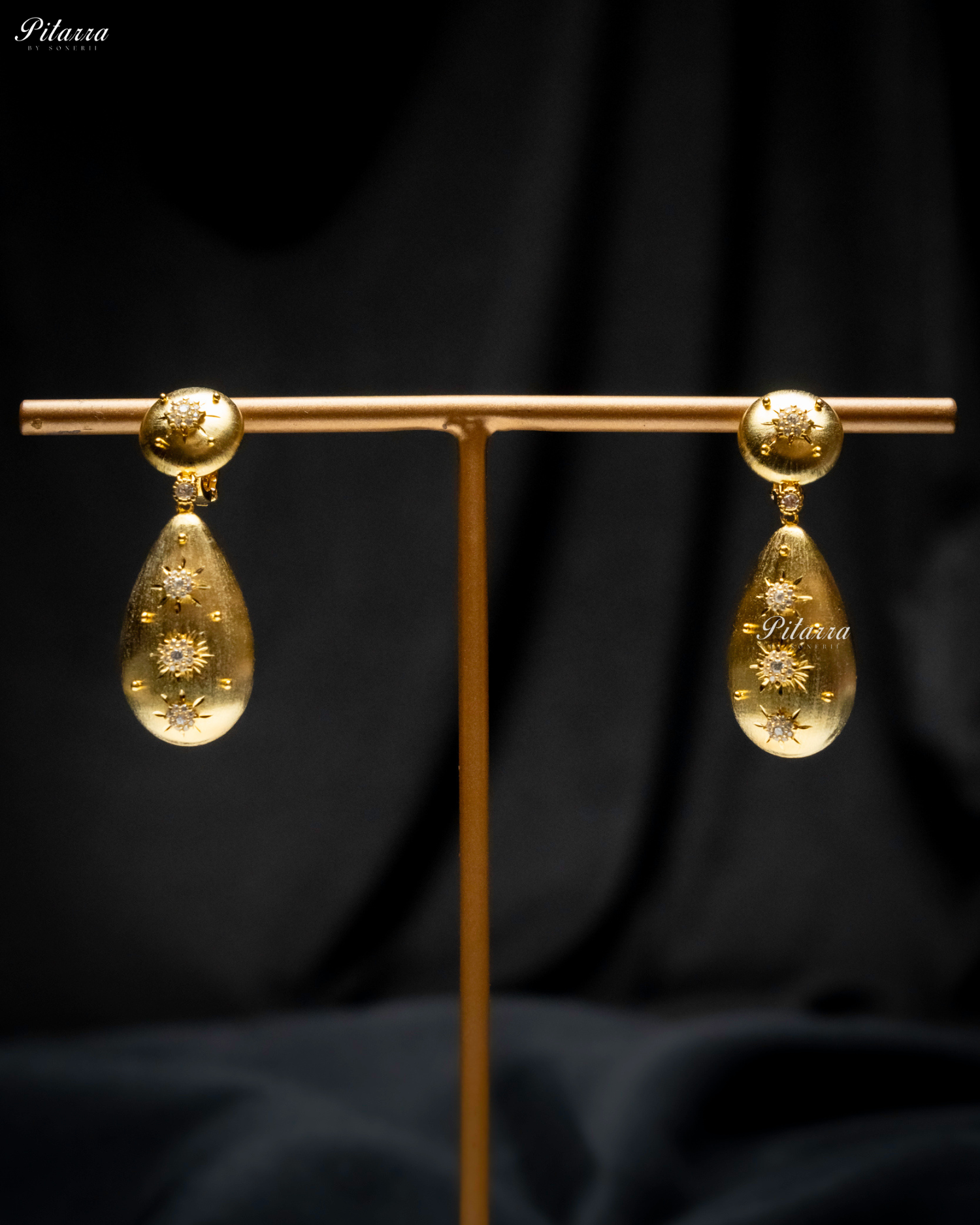 Star Motifs Textured Golden 92.5 Silver Dangler Earrings