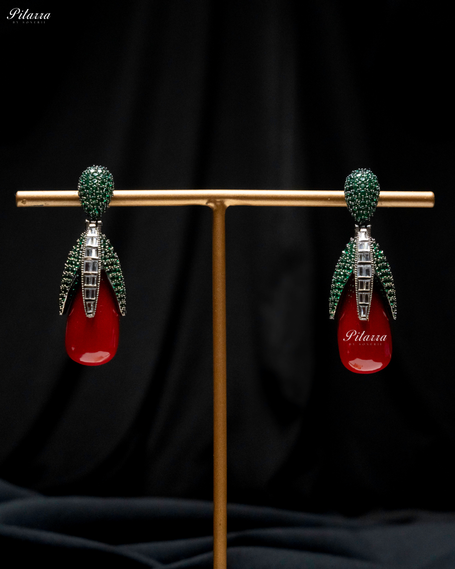 Emerald Leaf Red Teardrop CZ Crystal Earrings