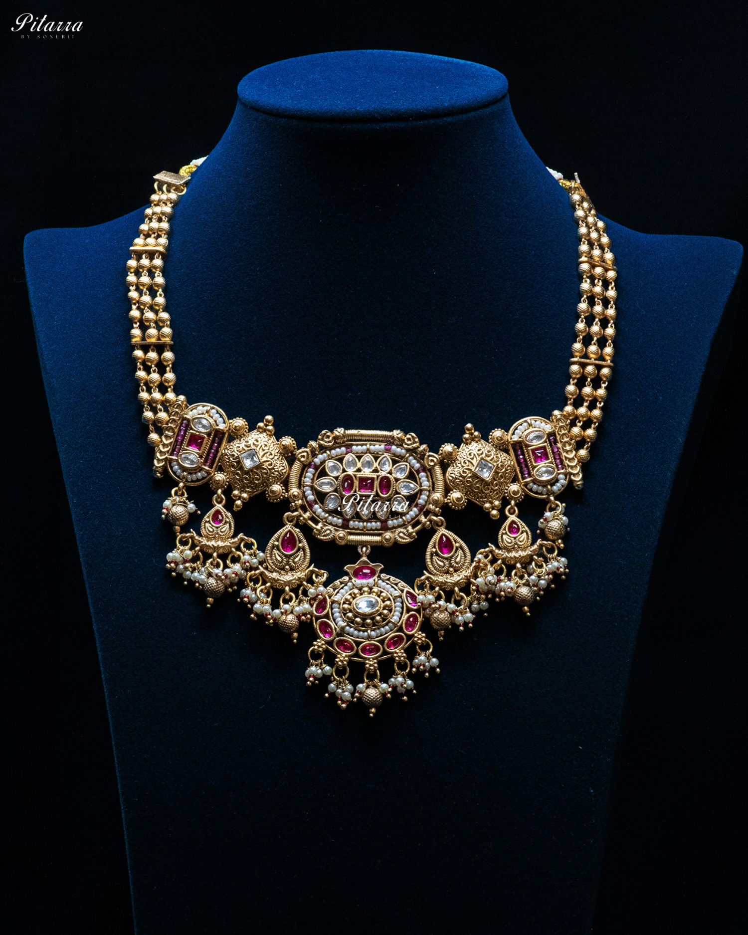 Pink Stone Gold Finish Two Layer Kundan Necklace Set