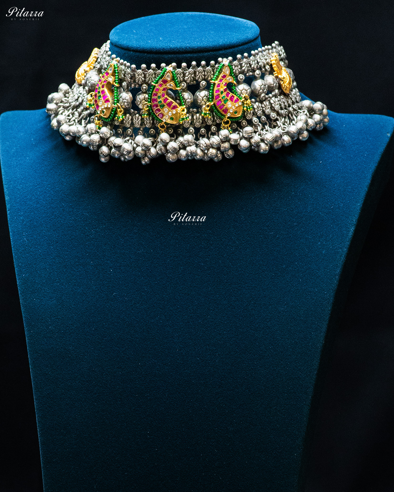 Golden Green Fish Ghunghroo Silver Look Alike Choker Set