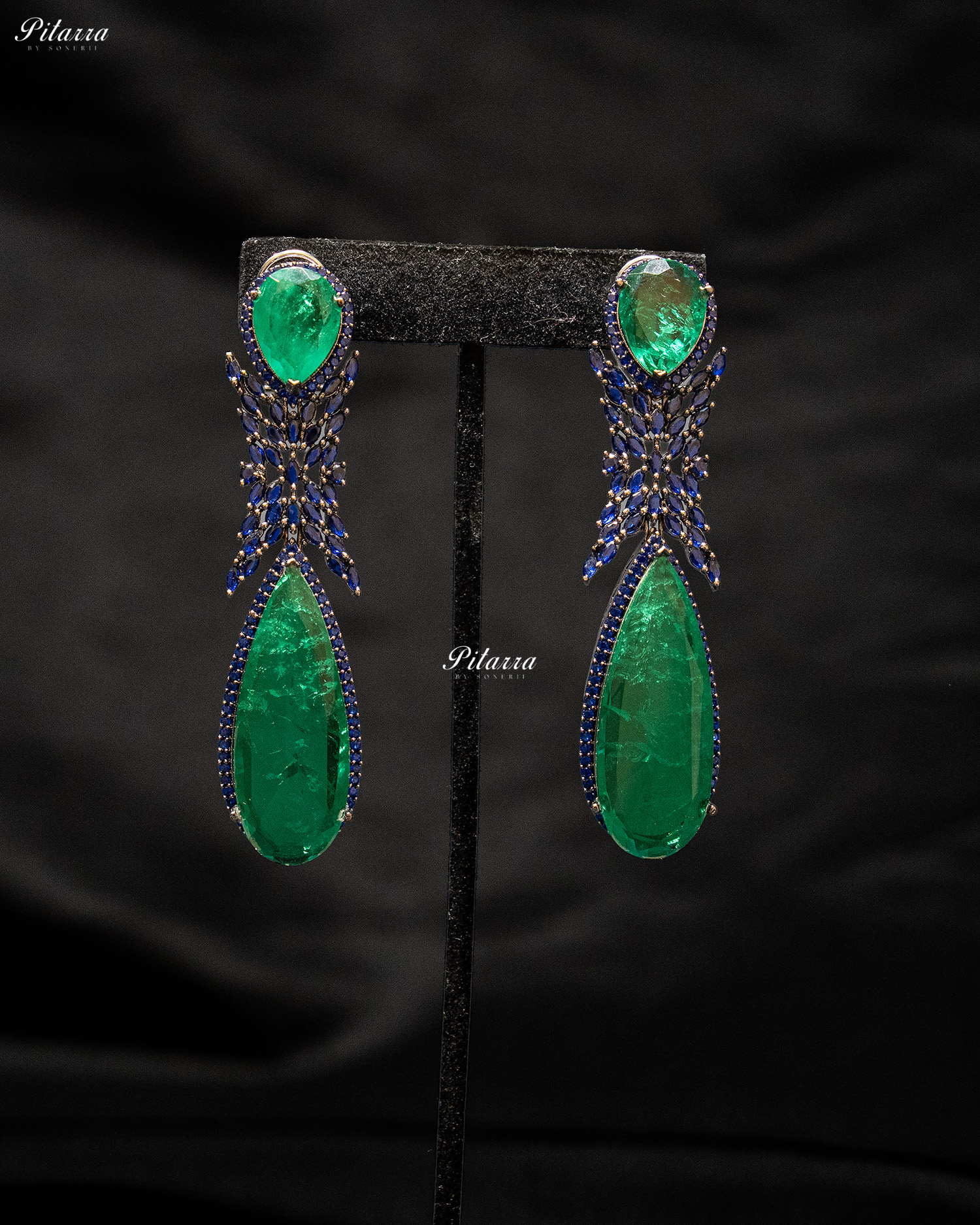 Emerald Stone Blue Finish Contemporary Drop Earrings