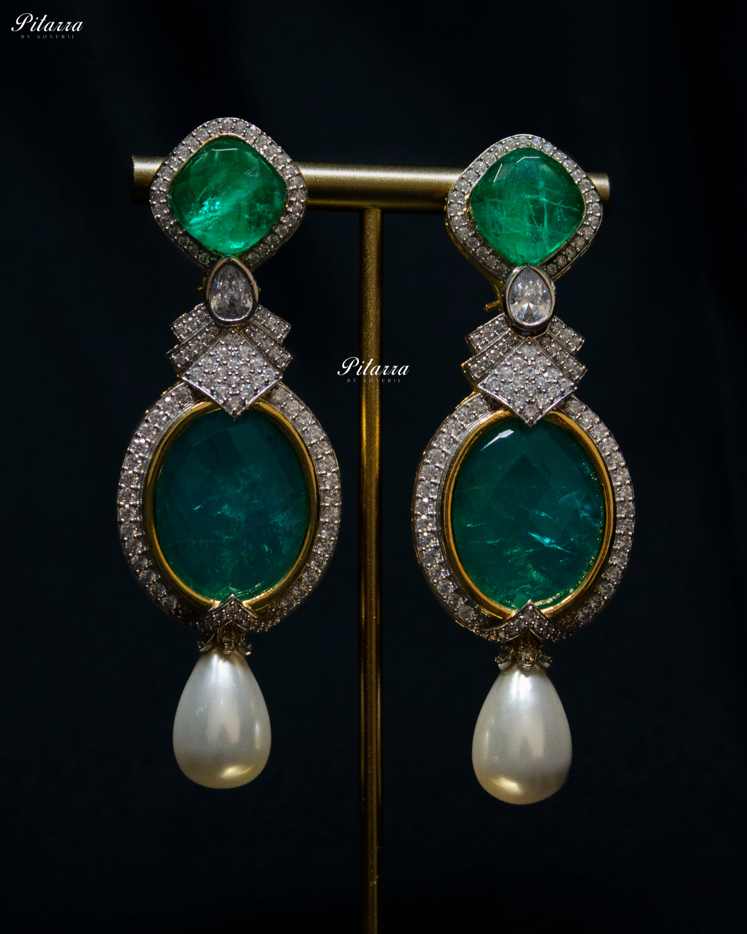 Green Pearl Stone Silver CZ Dangler Earrings