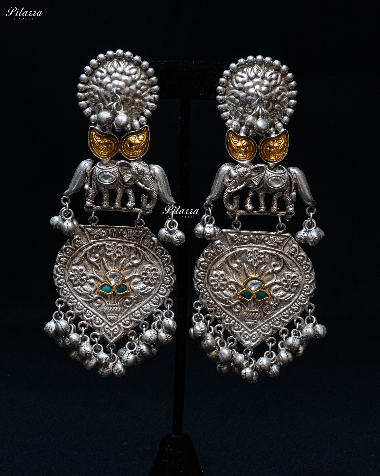 Elephant Stone Blue Center Stone Silver Look Alike Dangler Earrings