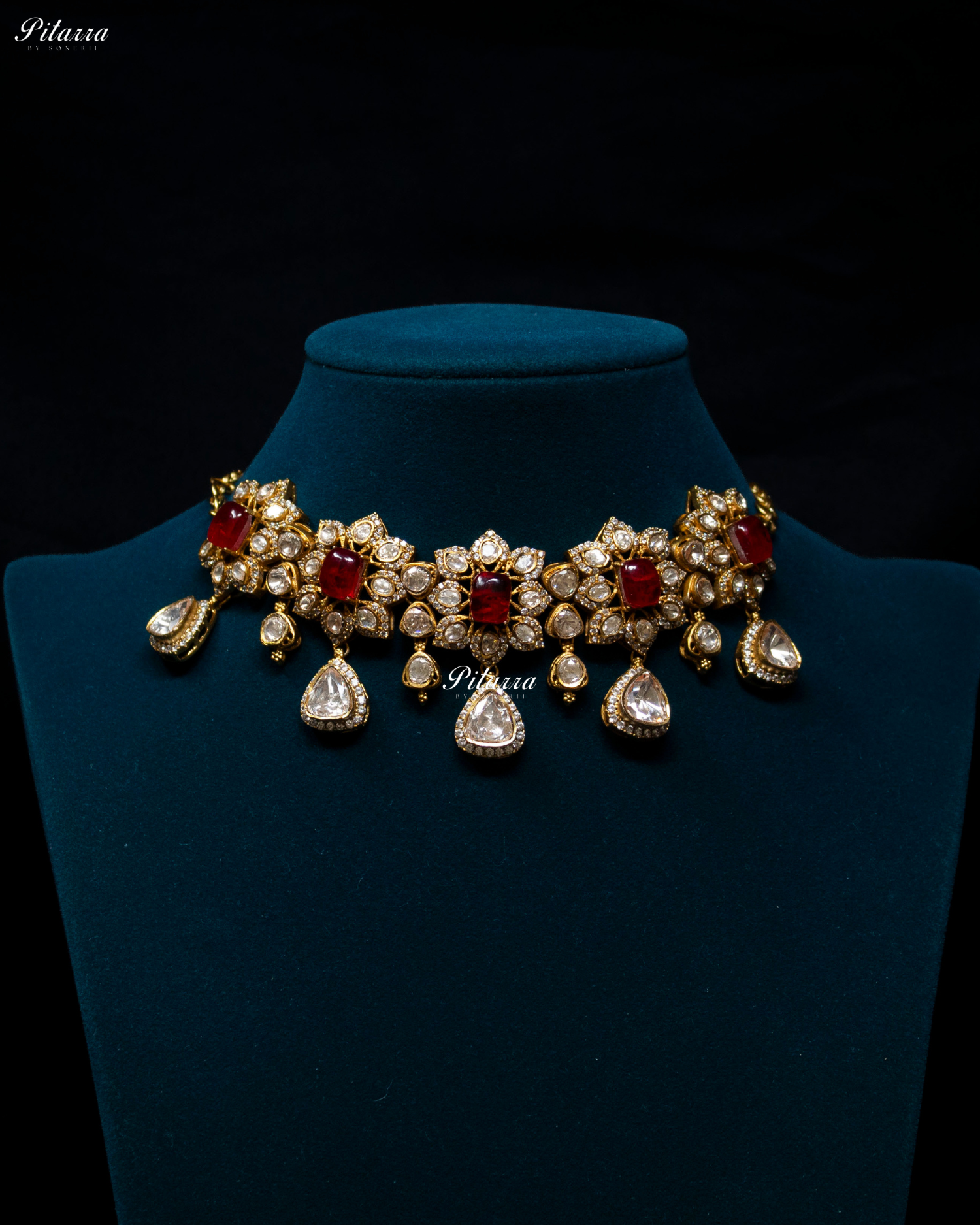 Red Square Stone Victorian Polki Kundan Necklace Set