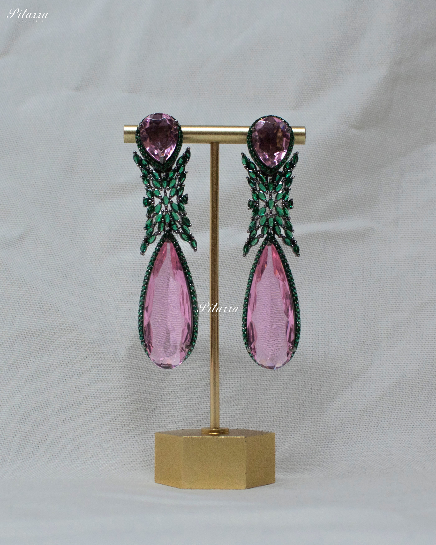 Pink Stone Green Finish Contemporary Drop Earrings