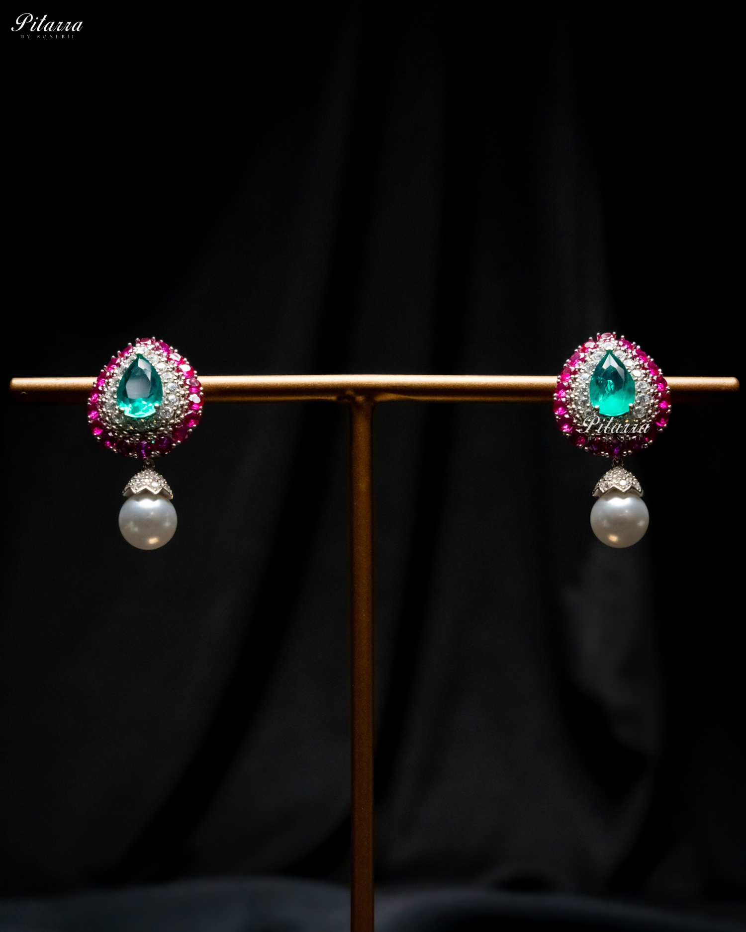 Emerald Stone Pink Line 92.5 Silver Drop Earrings