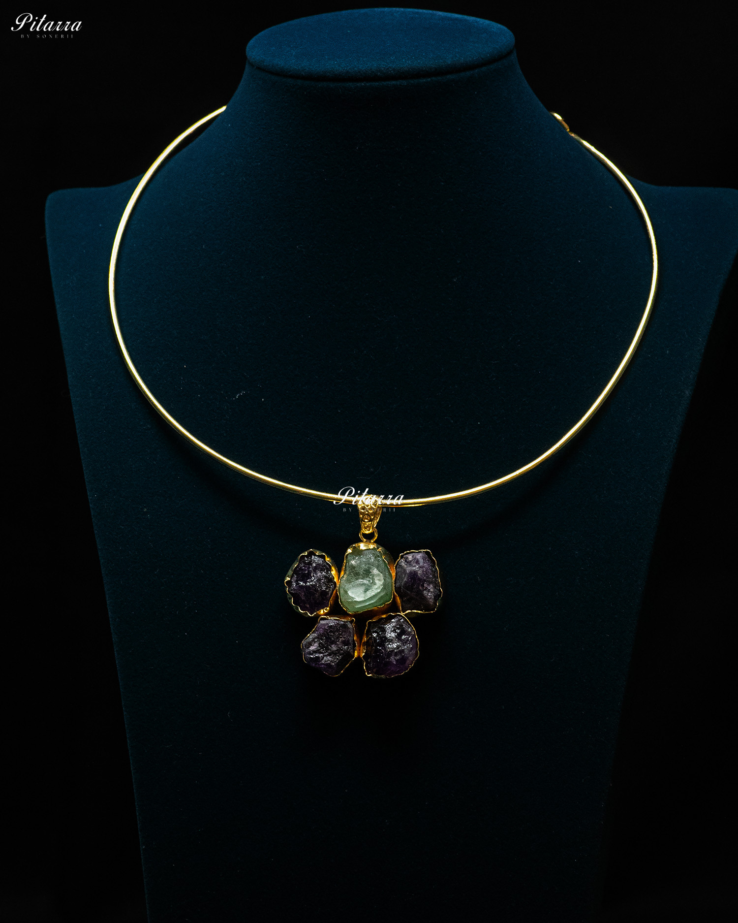 Gold Plated Aqua Raw Stone Collar Pendant Set