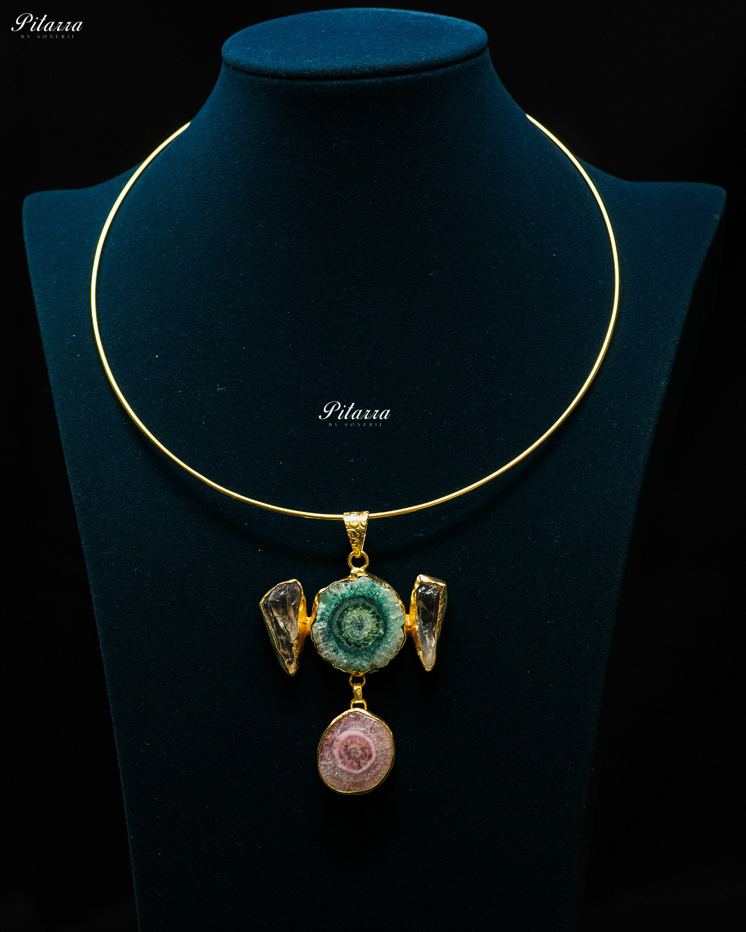Gold Plated Blue and Purple Circular Raw Stone Pendant