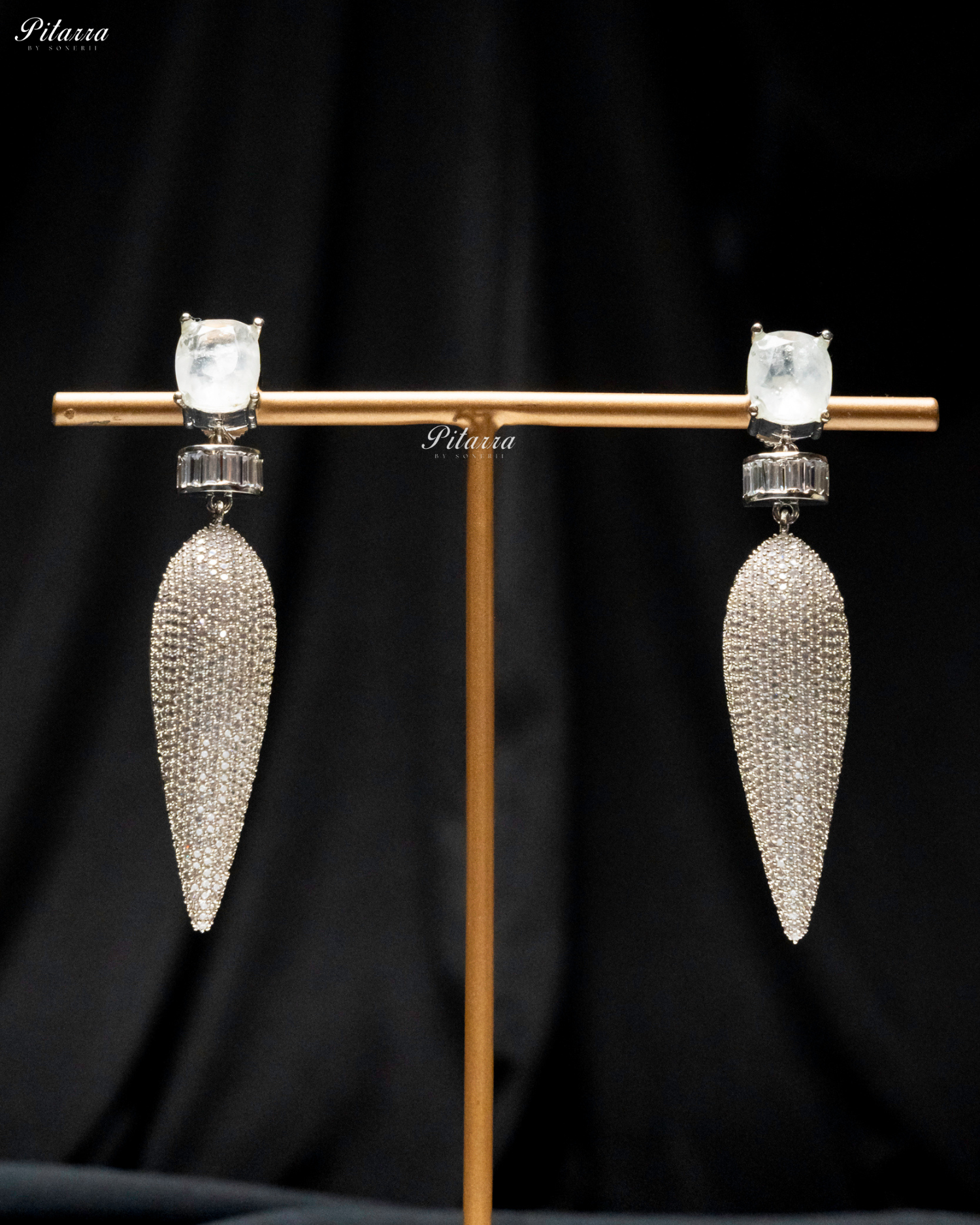 White Stone Shiny Teardrop Doublet Dangler Earrings