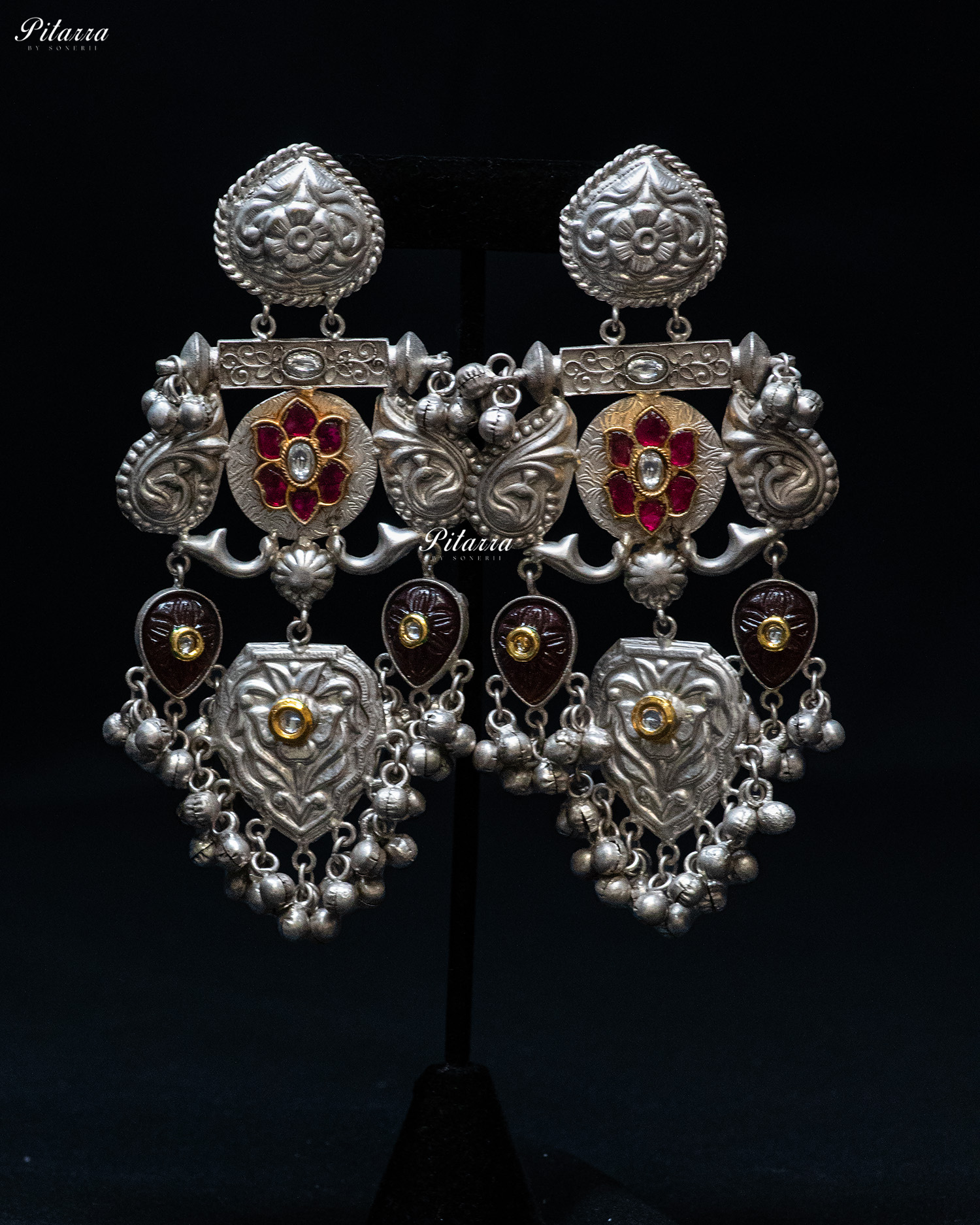Peacock Motifs Pink Flower Silver Look Alike Dangler Earrings
