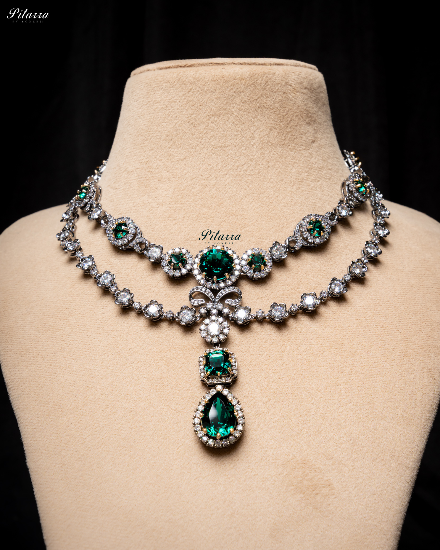 Emerald Two Layer Silver CZ victorian black polish Necklace Set