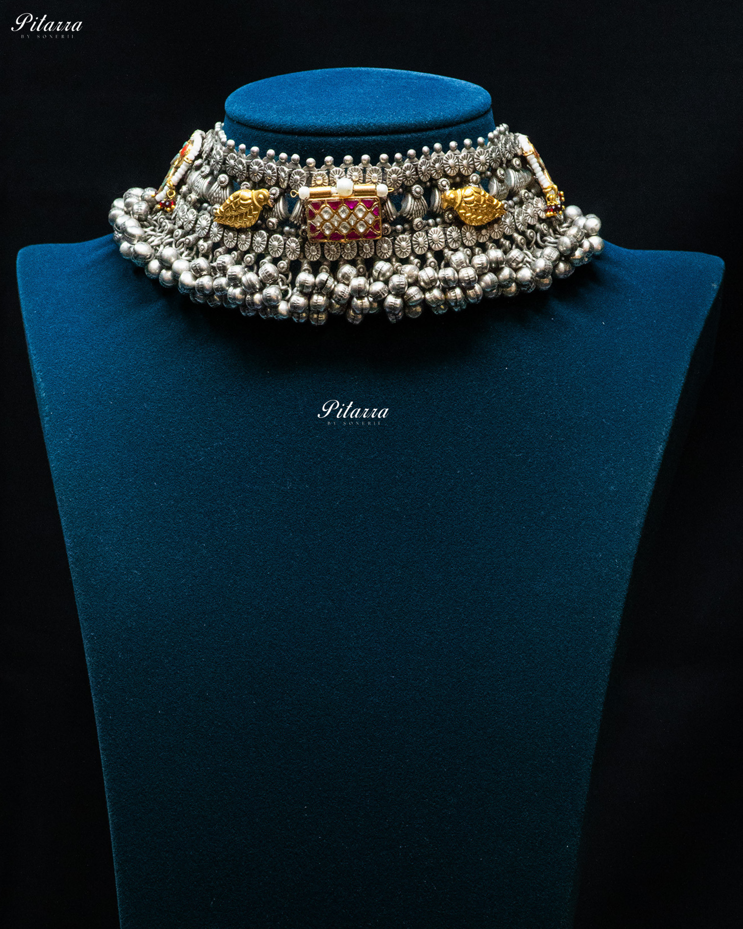 Golden Bird Pink Box Ghunghroo Silver Look Alike Choker Set