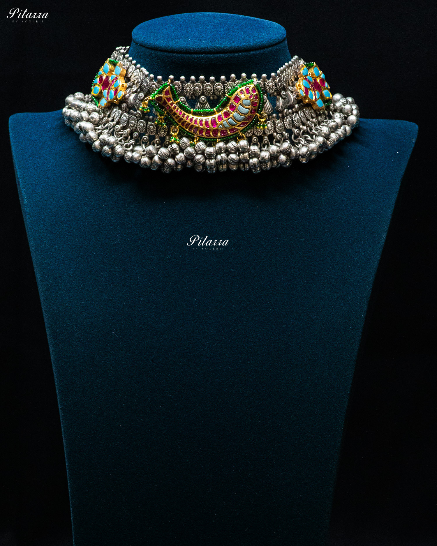 Turquoise Pink Fish Ghunghroo Silver Look Alike Choker Set