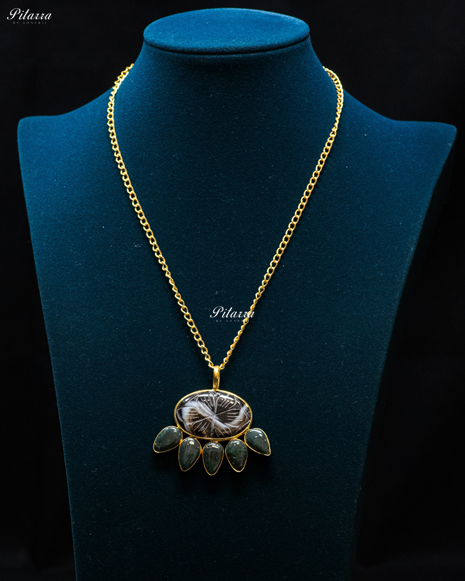 Flower Carved Grey Raw Stone Green Drop Pendant