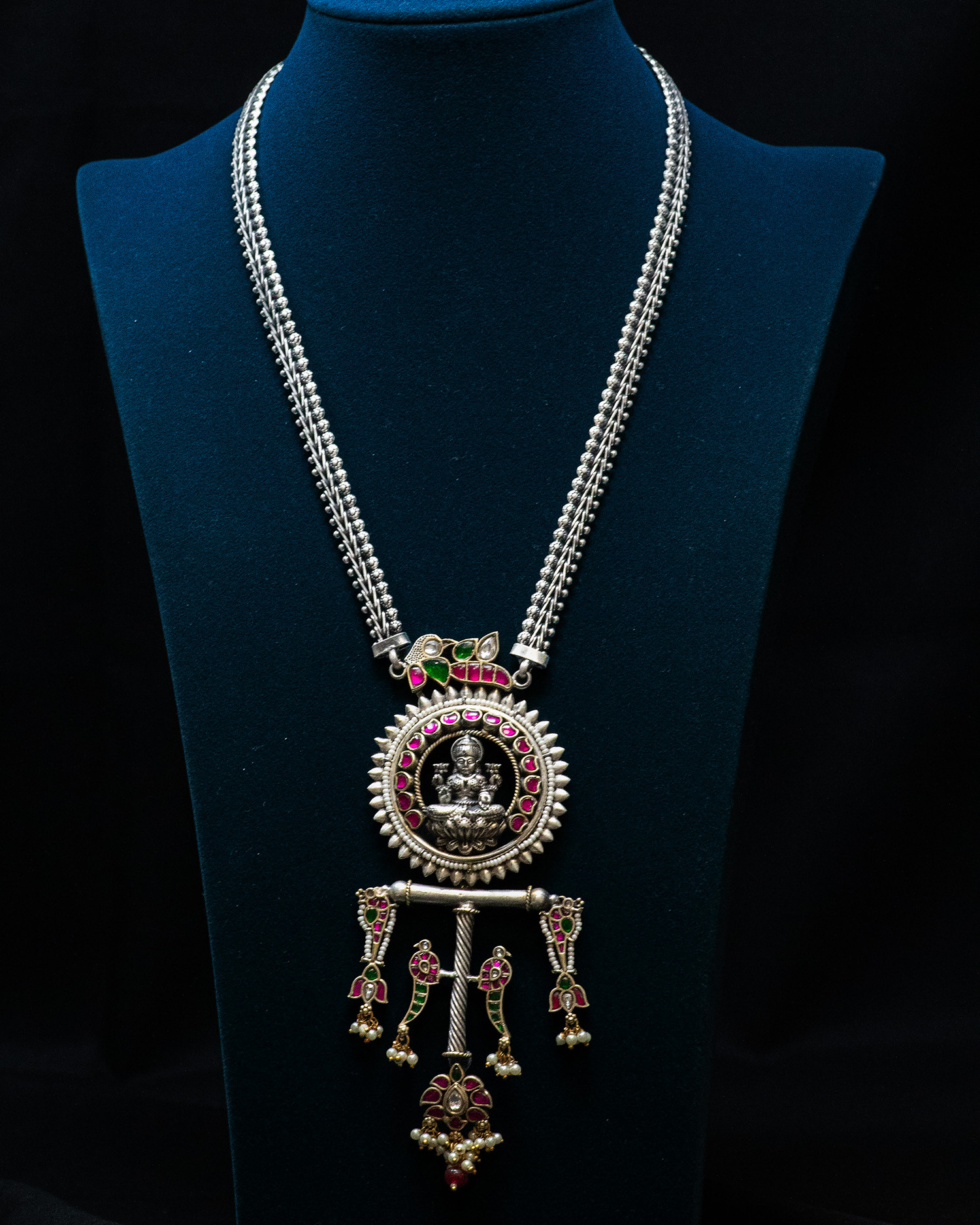 Beads Chain White Stone Laxmi Silver Look Alike Pendant Set