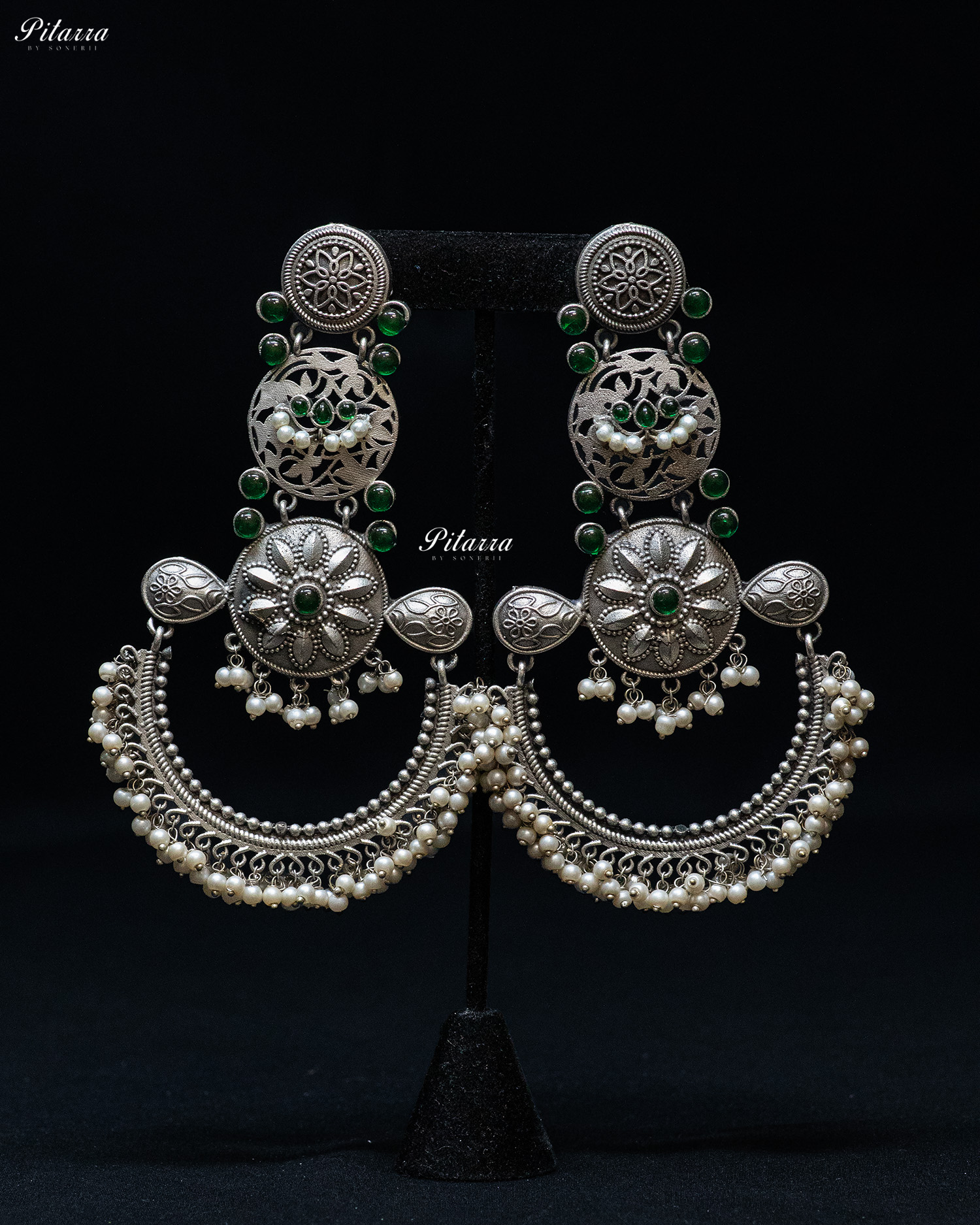 Dark Green Stone Flora Motif Silver Look Alike Dangler Earrings