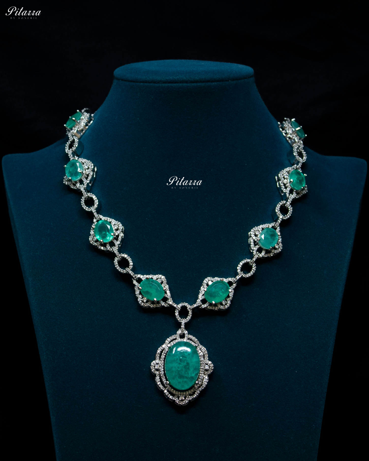 Mint color Stone Silver Finish Tone Crystal Necklace Set