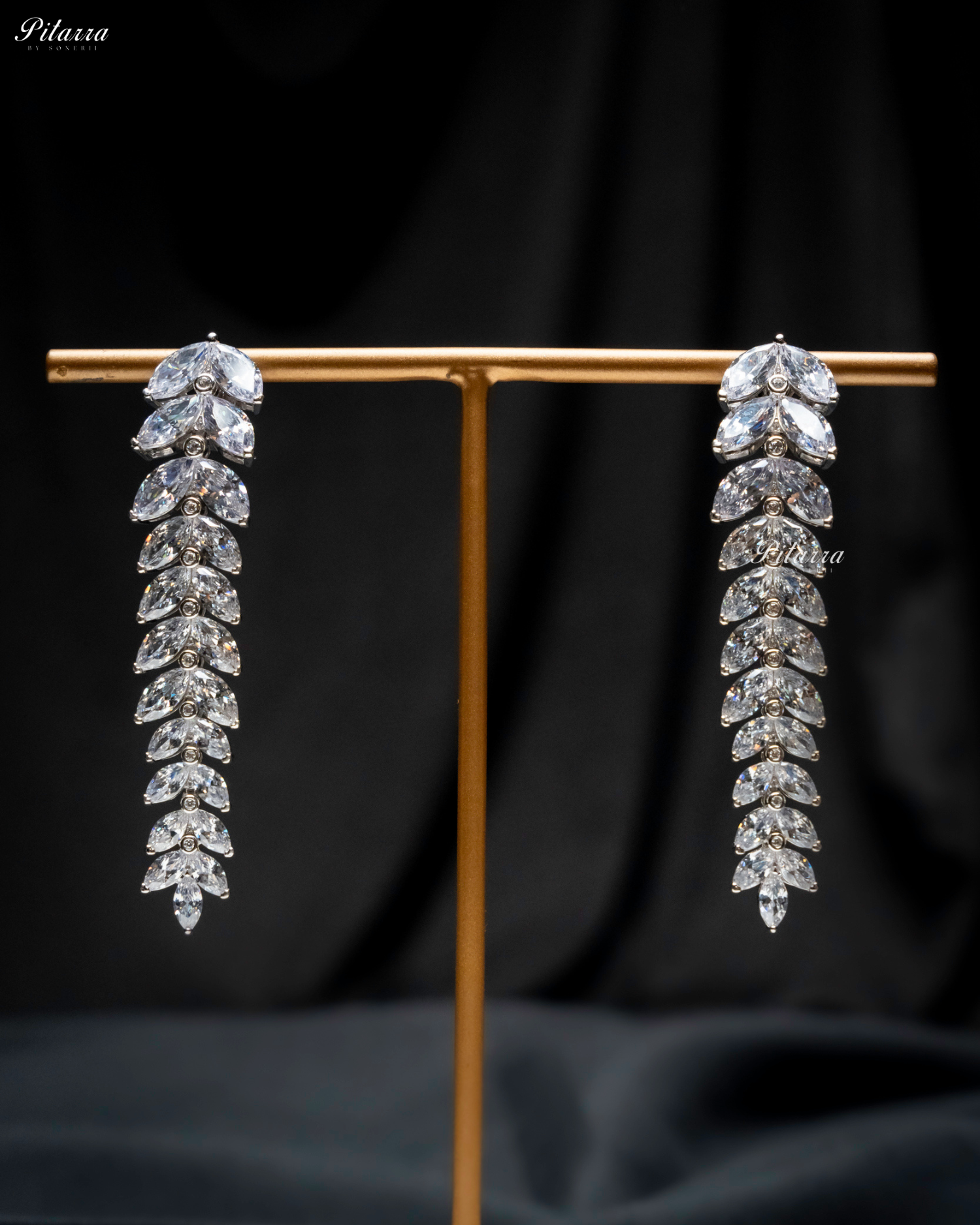 White Crystal Leaf Pattern 92.5 Silver Drop Earrings