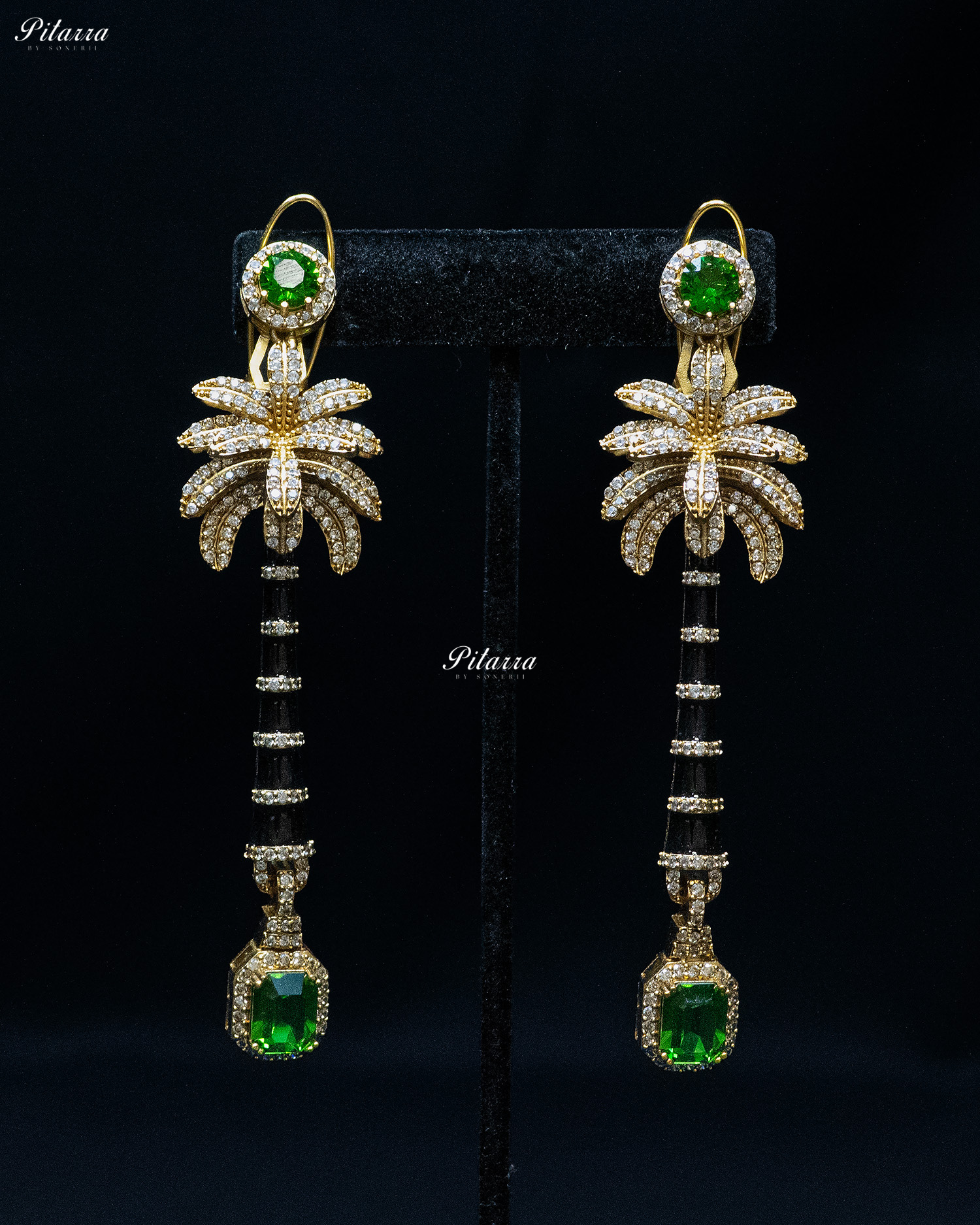 Green and Green Stone Palm Tree Crystal Earrings