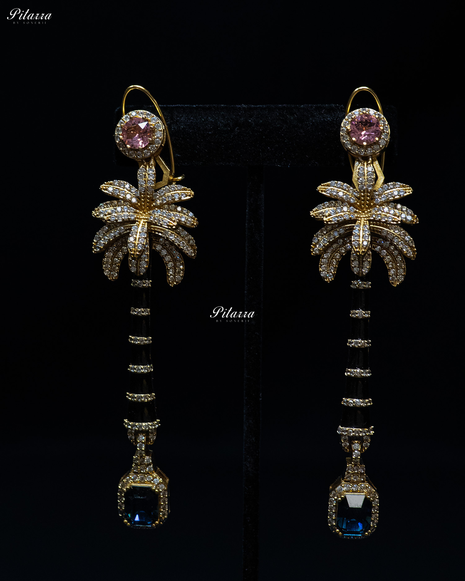 Baby Pink and Navy Blue Stone Palm Tree Crystal Earrings