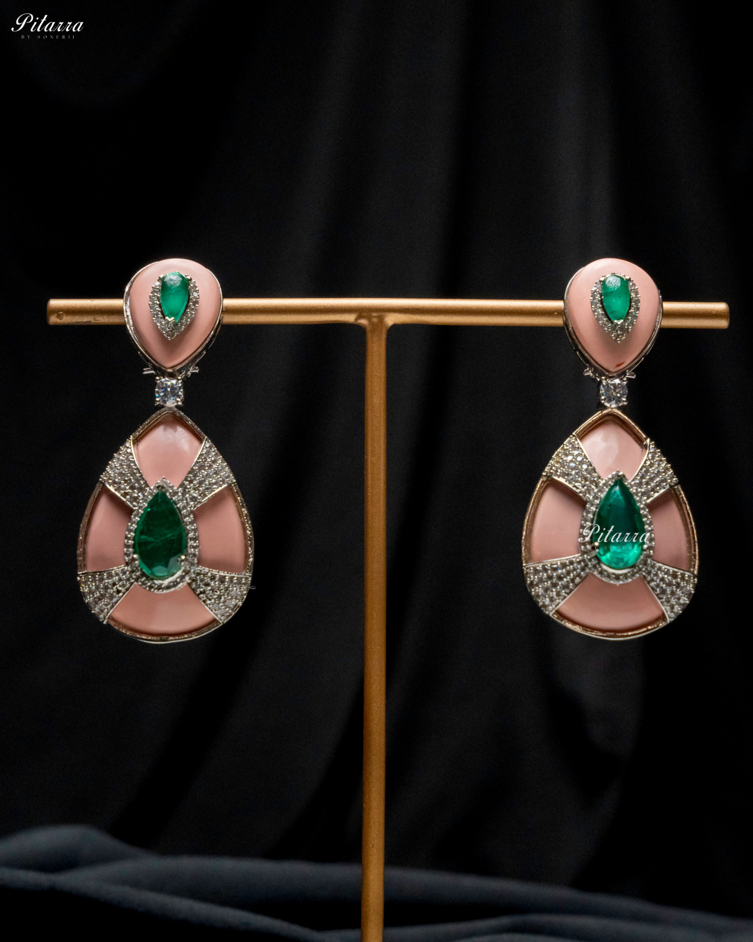 Peach Stone Emerald Drop Silver Line Crystal Dangler Earrings