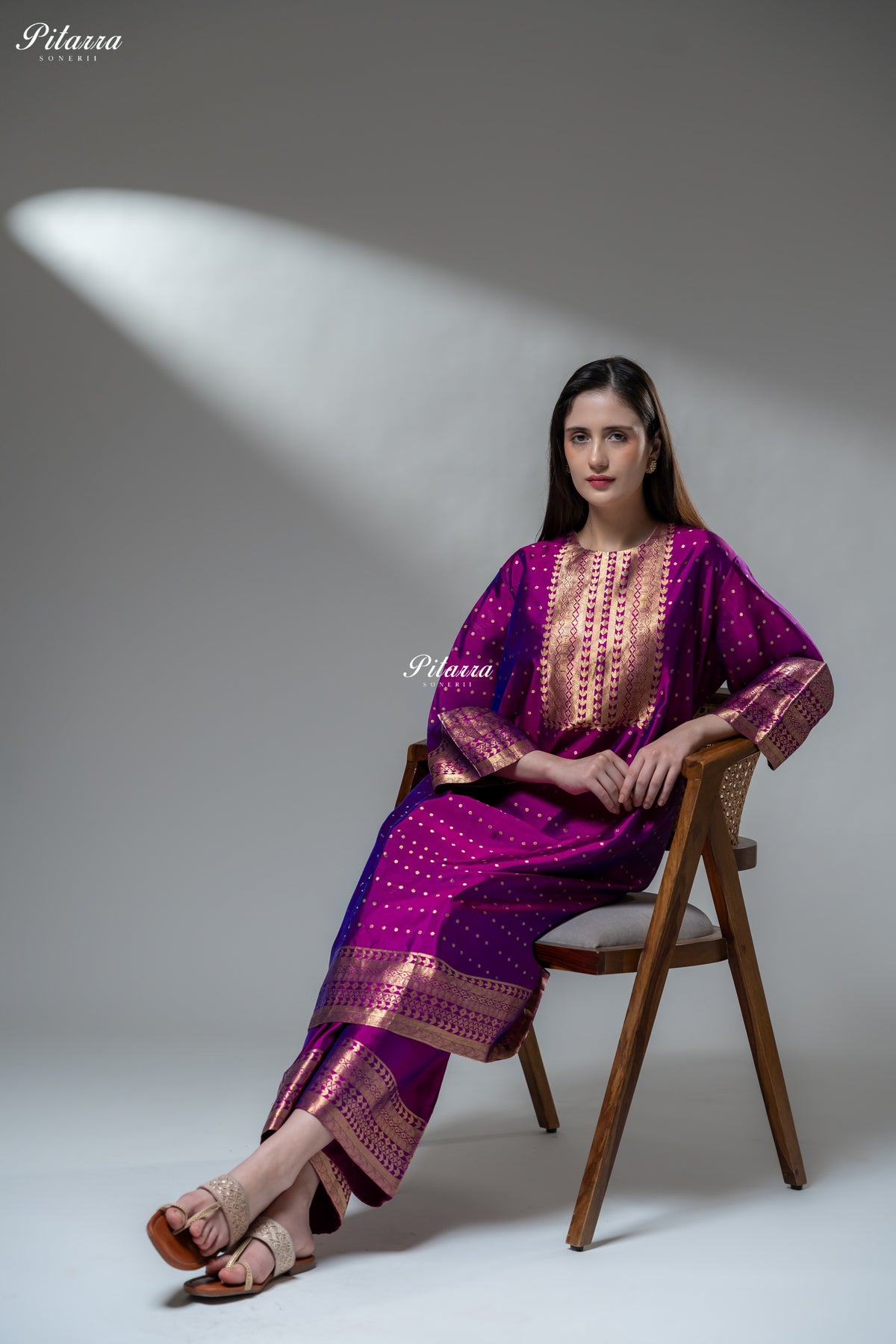 Magenta Purple Gold Zari Kurta Palazzo Set
