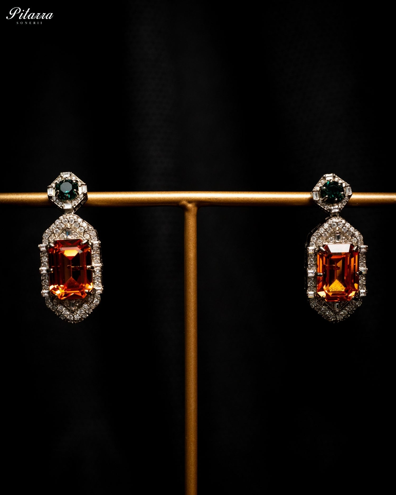 Orange Emerald Cut Diamond Halo Statement Drop Earrings