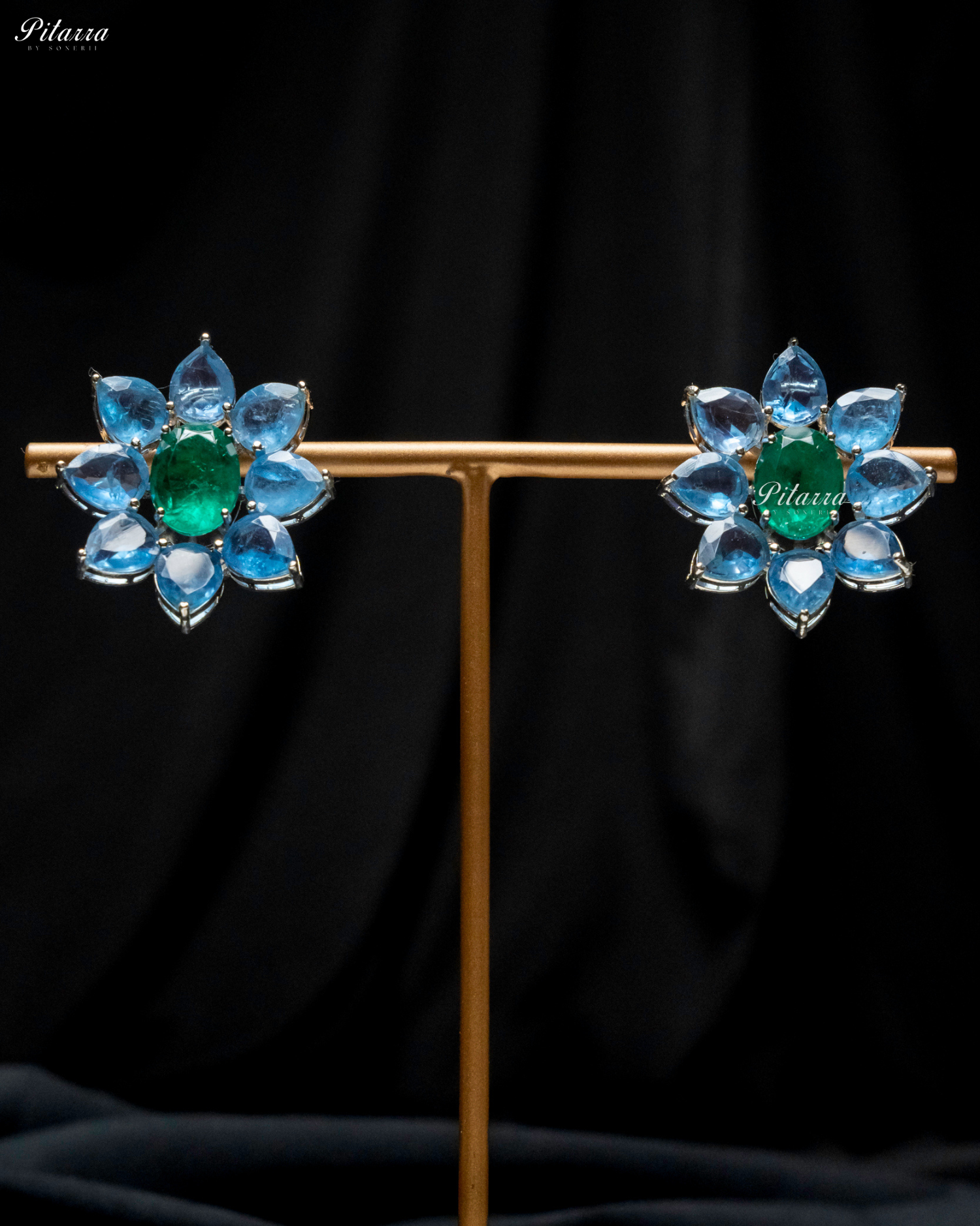 Emerald Floral Ocean Blue Petals CZ Crystal Stud Earrings