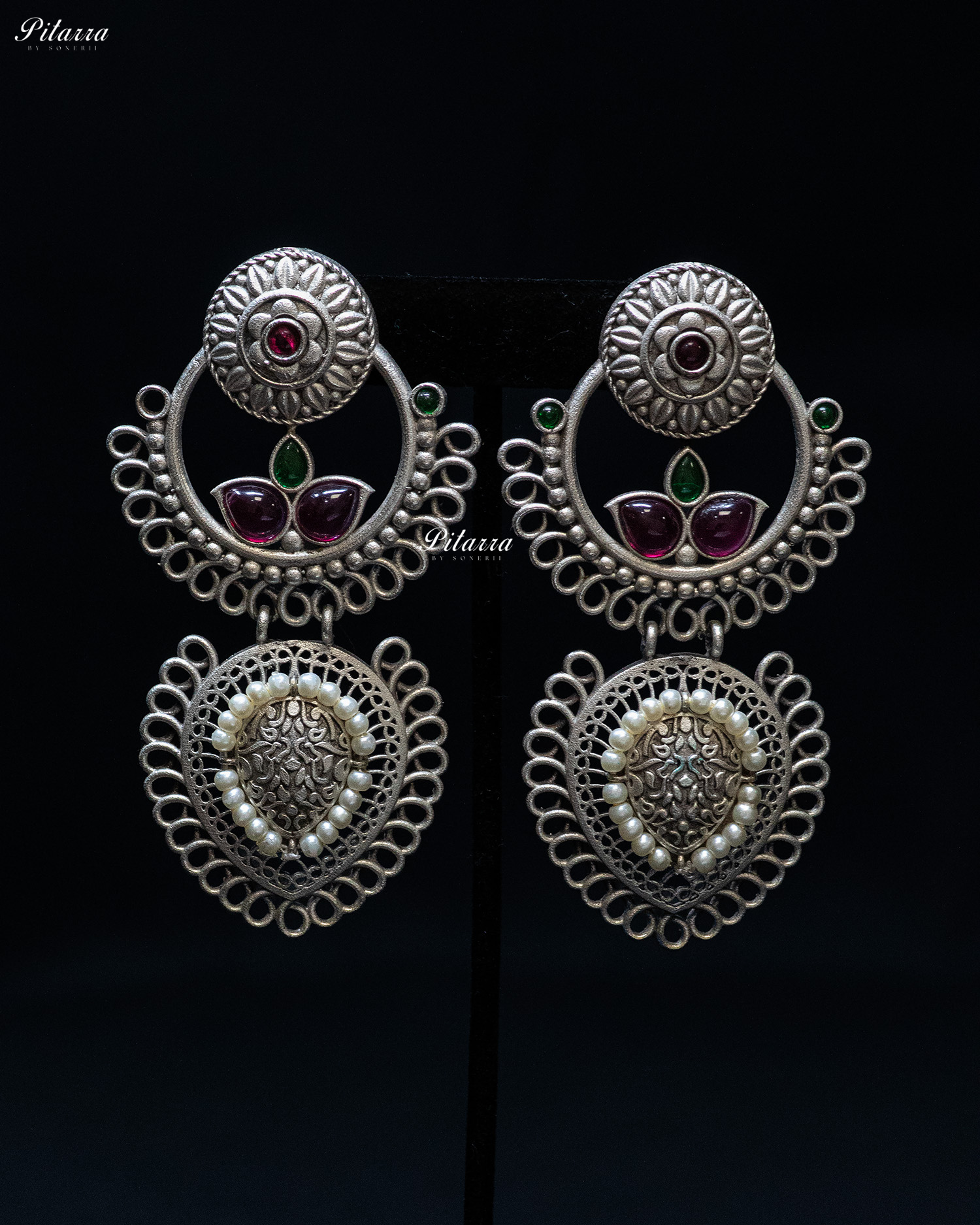 Green Pink Stone White Pearl Silver Look Alike Dangler Earrings